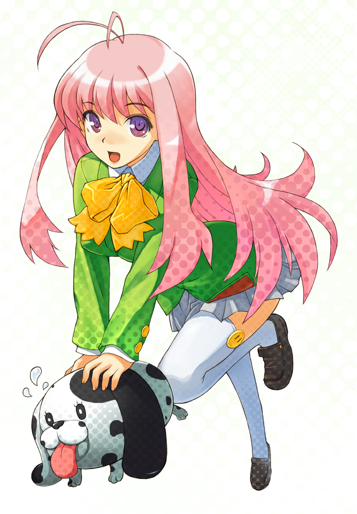 hirokiku, original, bad id, bad pixiv id, 1girl, antenna hair, black shoes, bow, bowtie, dog, female focus, green jacket, grey skirt, jacket, long hair, long sleeves, looking at viewer, miniskirt, open mouth, pink hair, pleated skirt, purple eyes, shoes, skirt, solo, thighhighs, tongue, white thighhighs, yellow bow, zettai ryouiki
