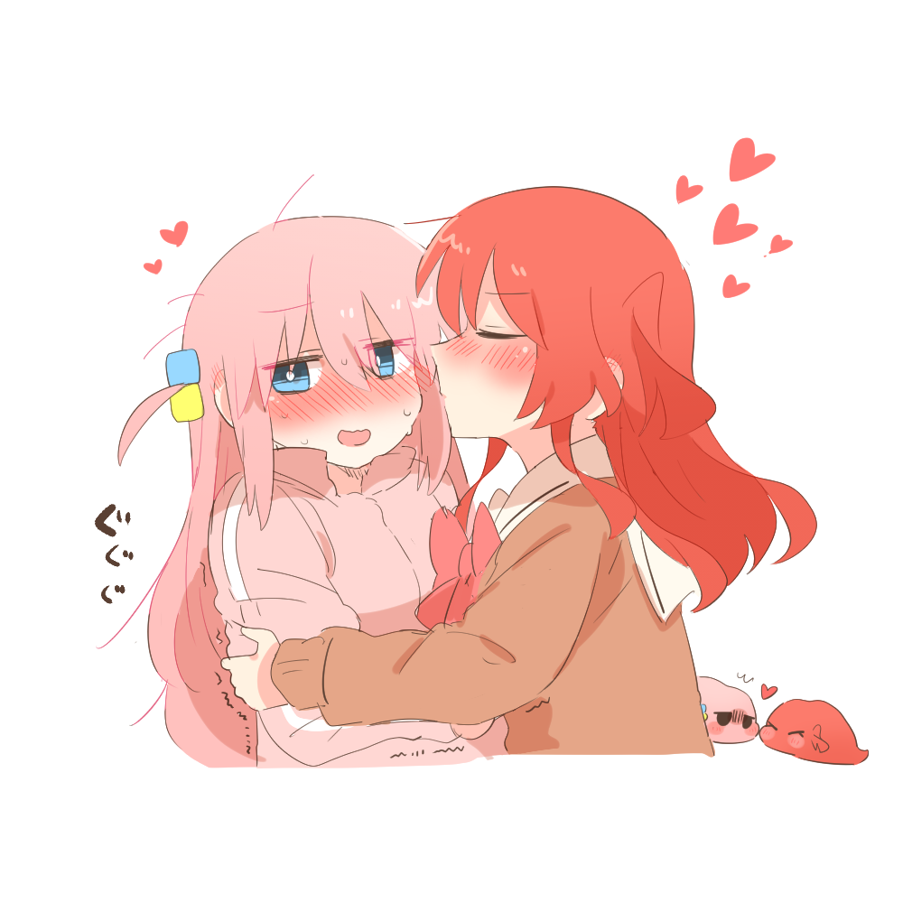 rebecca (keinelove), gotoh hitori, gotoh hitori (tsuchinoko), kita ikuyo, bocchi the rock!, commentary request, 2girls, blush, cropped torso, cube hair ornament, hair between eyes, hair ornament, jacket, kiss, long hair, long sleeves, multiple girls, nose blush, one side up, open mouth, pink hair, pink jacket, red hair, school uniform, shuka high school uniform, simple background, track jacket, trembling, white background, yuri