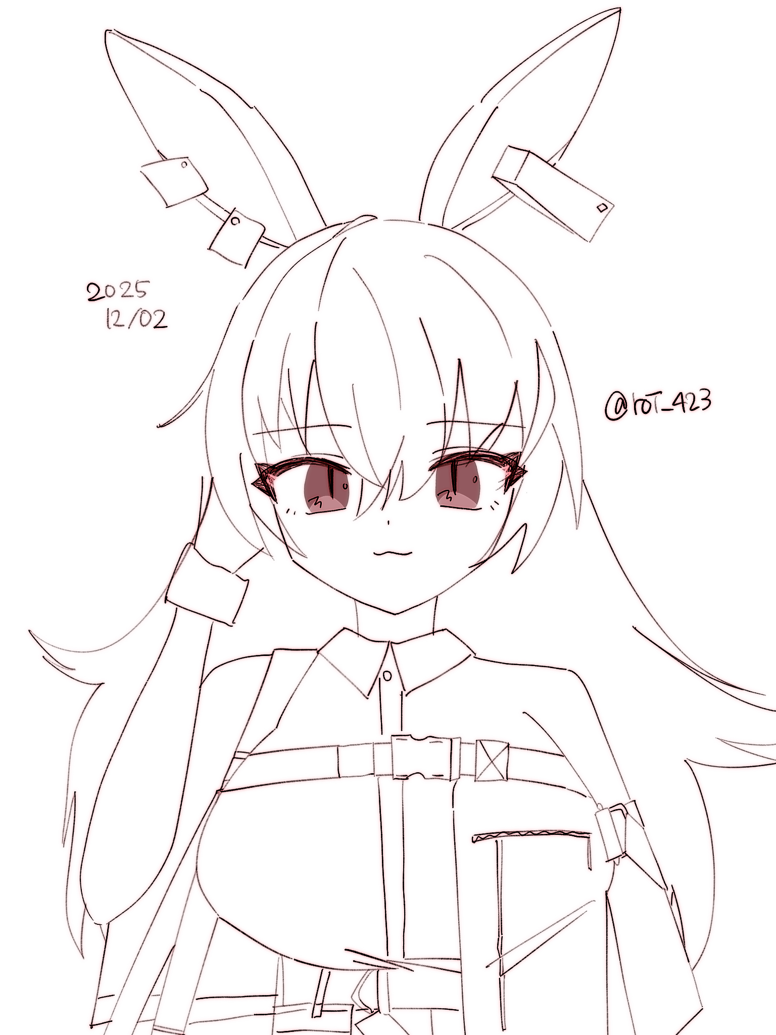 roi 423, april (arknights), arknights, highres, 1girl, :3, animal ears, breasts, brown eyes, closed mouth, collared shirt, dated, dress shirt, ear piercing, hair between eyes, hand up, jacket, long hair, looking at viewer, medium breasts, piercing, rabbit ears, shirt, simple background, solo, spot color, twitter username, very long hair, white background