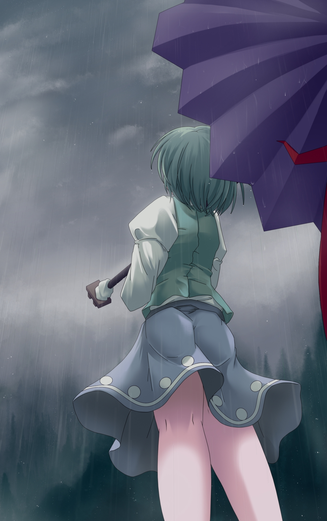 lzh, tatara kogasa, touhou, highres, 1girl, aqua hair, bad anatomy, female focus, karakasa obake, short hair, solo, umbrella