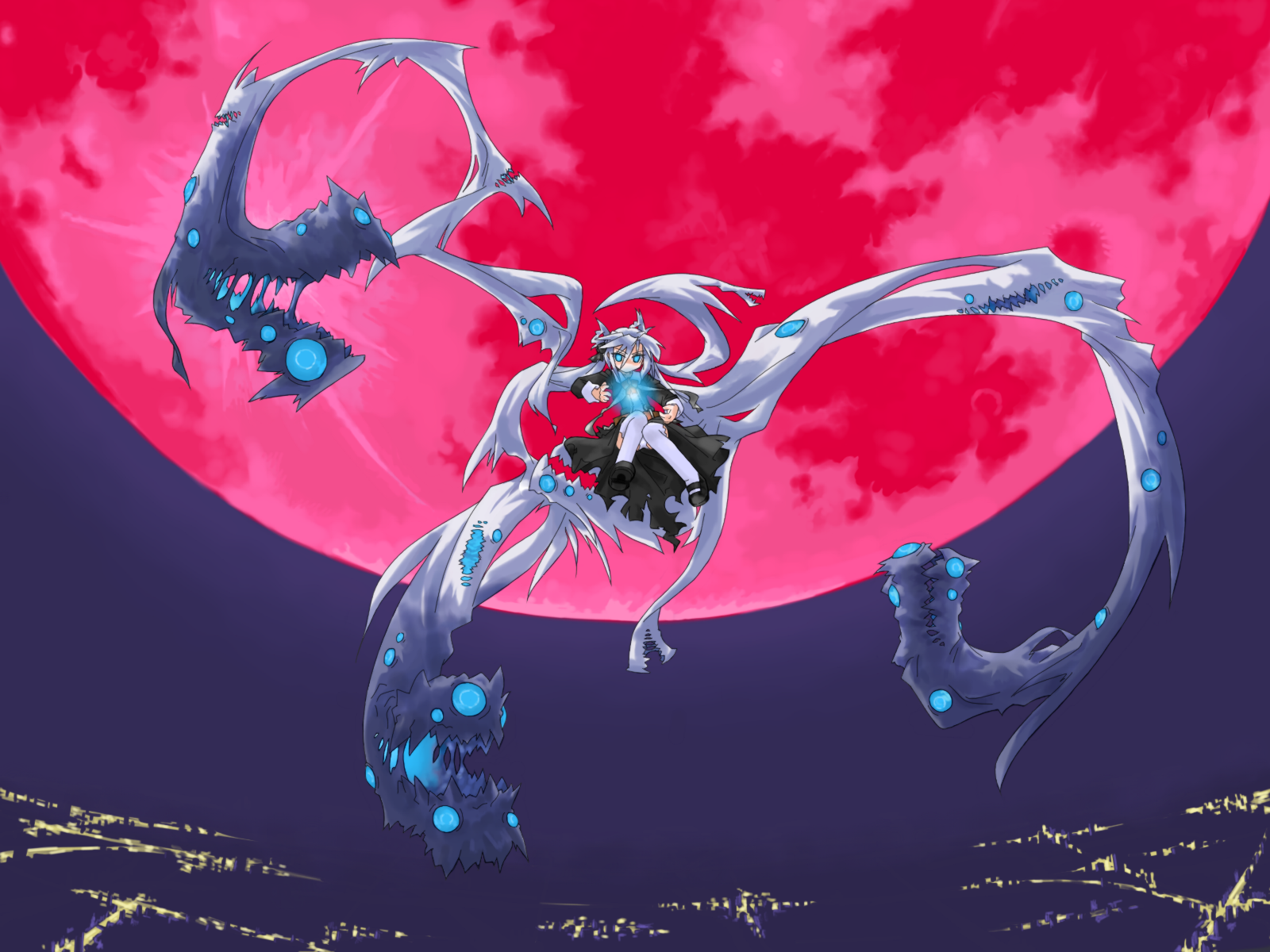 mof, mof's silver haired twintailed girl, original, silver hair, bad id, bad pixiv id, highres, 1girl, blue eyes, dress, female focus, flying, full moon, living hair, long hair, moon, night, panties, pantyshot, sky, solo, underwear