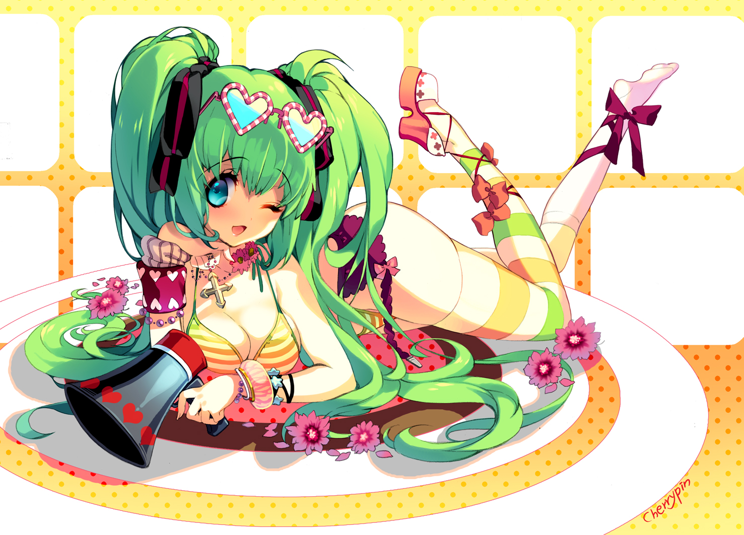 cherrypin, hatsune miku, vocaloid, bad id, bad pixiv id, 1girl, ankle lace-up, ankle ribbon, aqua eyes, asymmetrical legwear, bikini, bikini top only, bow, bracelet, breasts, cleavage, cross, eyewear on head, female focus, flower, garter belt, glasses, green hair, hair ribbon, heart, heart print, high heels, jewelry, leg ribbon, legs up, long hair, lying, megaphone, mismatched legwear, necklace, on stomach, one eye closed, open mouth, ribbon, shoes, single shoe, smile, solo, star (symbol), striped bikini, striped clothes, striped thighhighs, swimsuit, thighhighs, toeless legwear, twintails, uneven legwear, very long hair, wink, wristband