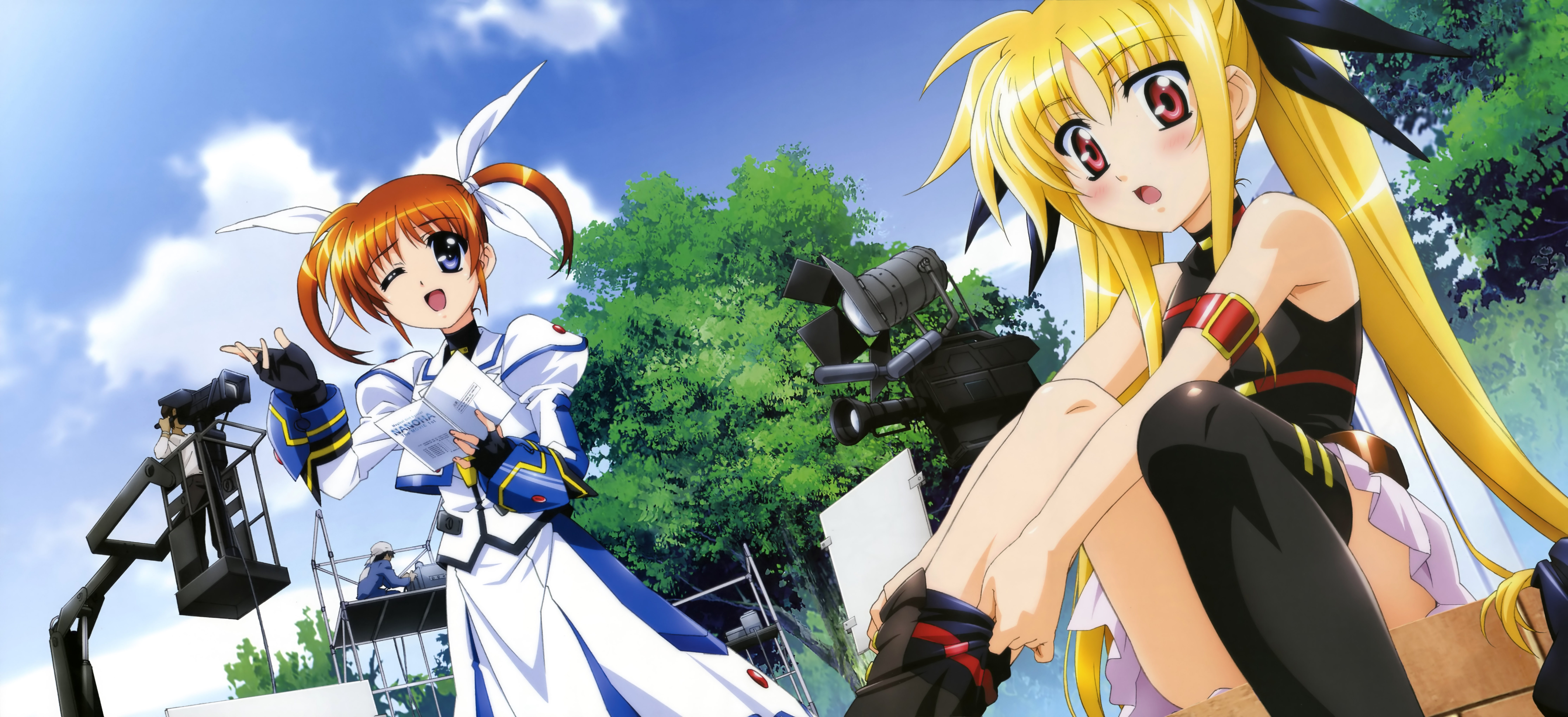hashimoto takayoshi, fate testarossa, fate testarossa (movie 1st form), takamachi nanoha, takamachi nanoha (movie 1st mode), lyrical nanoha, mahou shoujo lyrical nanoha, mahou shoujo lyrical nanoha the movie 1st, nyantype, absurdres, highres, 10s, 2girls, blonde hair, blue eyes, blush, bow, brown hair, camera, censored, cloud, convenient censoring, convenient leg, day, fingerless gloves, gloves, hair bow, multiple girls, one eye closed, open mouth, red eyes, script, sky, thighhighs, twintails, wink