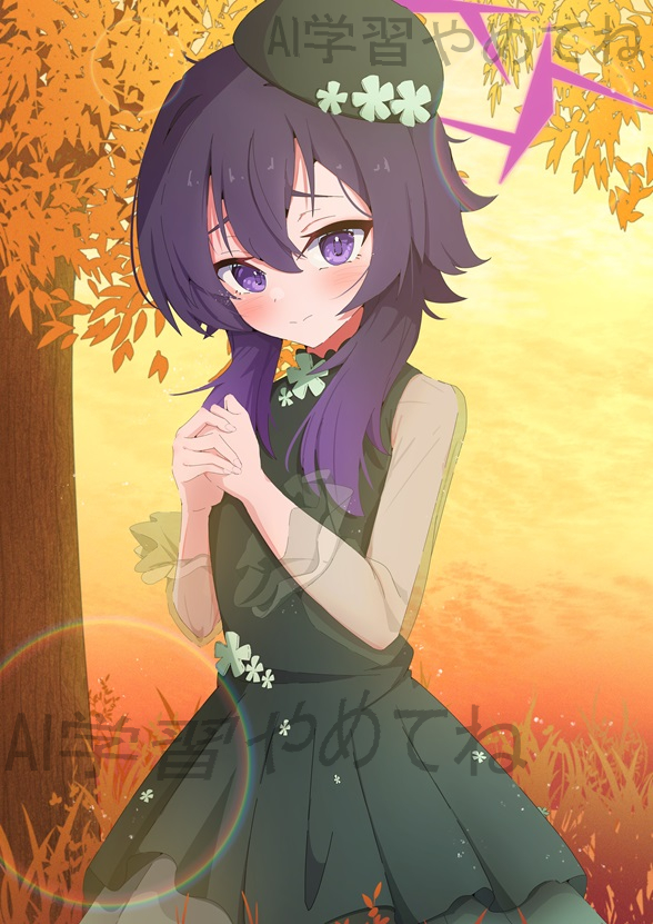relief 07, haruka (blue archive), blue archive, 1girl, dress, flower, halo, long hair, long sleeves, looking at viewer, official alternate costume, outdoors, purple eyes, purple hair, red halo, tree