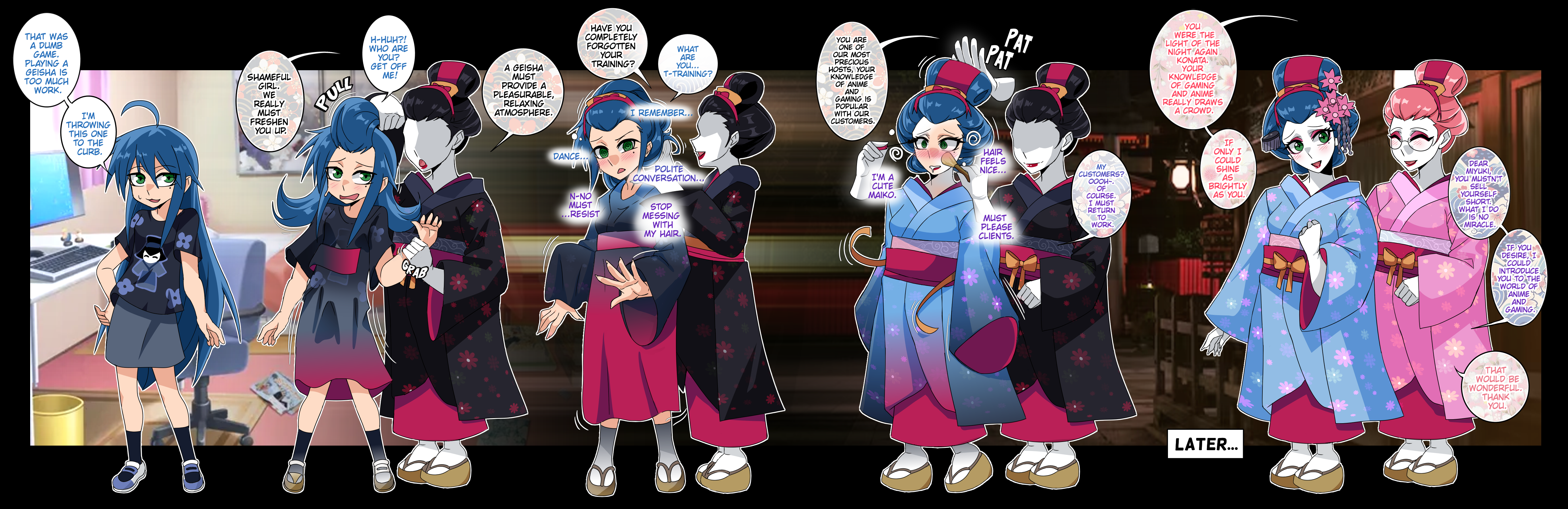 erasethismail, hiiragi kagami, takara miyuki, lucky star, absurdres, highres, 3girls, applying another's makeup, applying makeup, blue hair, full body, geisha, glasses, green eyes, japanese clothes, kimono, long hair, makeup, marumage, multiple girls, no eyes, pink hair, red sash, sash, smile, standing, susohiki, updo, very long hair, white facepaint