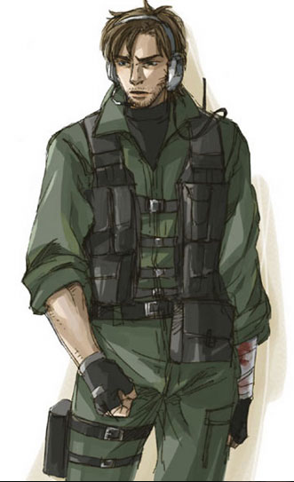 hal akane, iroquois pliskin, solid snake, metal gear (series), metal gear solid 2: sons of liberty, 1boy, bandages, belt pouch, blood, brown eyes, brown hair, facial hair, fingerless gloves, gloves, headset, injury, male focus, pouch, solo, stubble