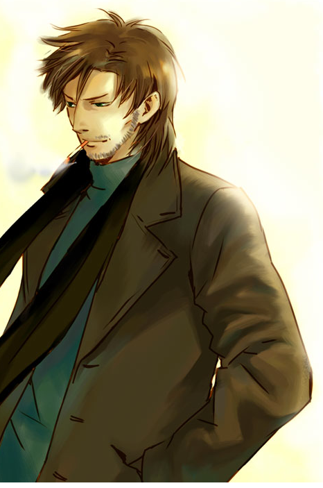 iroquois pliskin, solid snake, metal gear (series), 1boy, facial hair, formal clothes, male focus, necktie, smoking, solo, stubble, suit