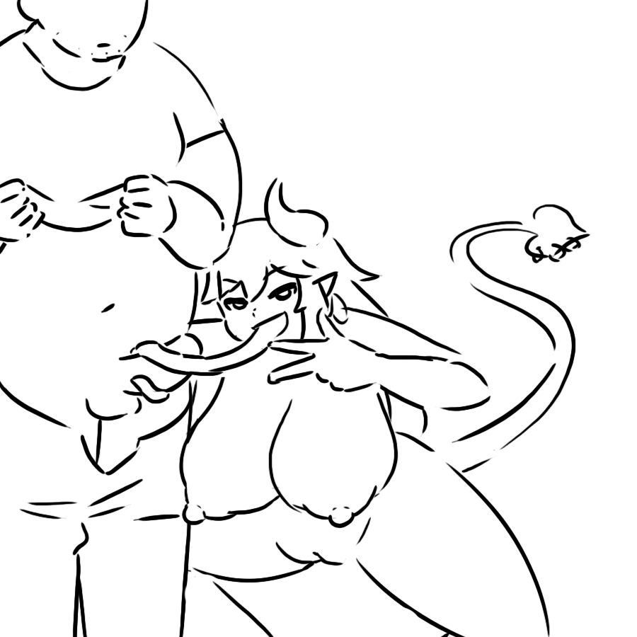 mike inel, indie virtual youtuber, commentary, english commentary, 1boy, 1girl, breasts, clothed male nude female, clothes lift, clothes pull, demon girl, demon horns, demon tail, earrings, fat, fellatio, horns, jewelry, large breasts, long tongue, looking at viewer, mistressm, navel, nude, oral, pants, pants pull, penis, pointy ears, pussy, shirt lift, sketch, tail, tongue, tonguejob, virtual youtuber