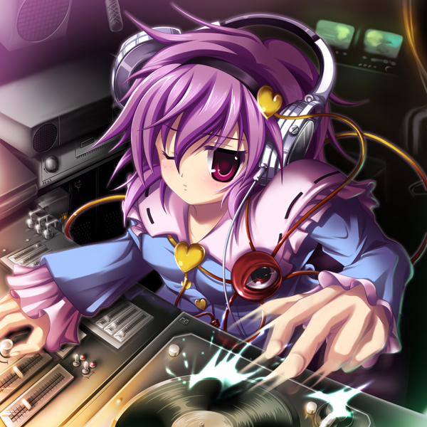 akatuti, komeiji satori, touhou, 1girl, female focus, hairband, headphones, heart, phonograph, purple eyes, purple hair, short hair, solo, turntable