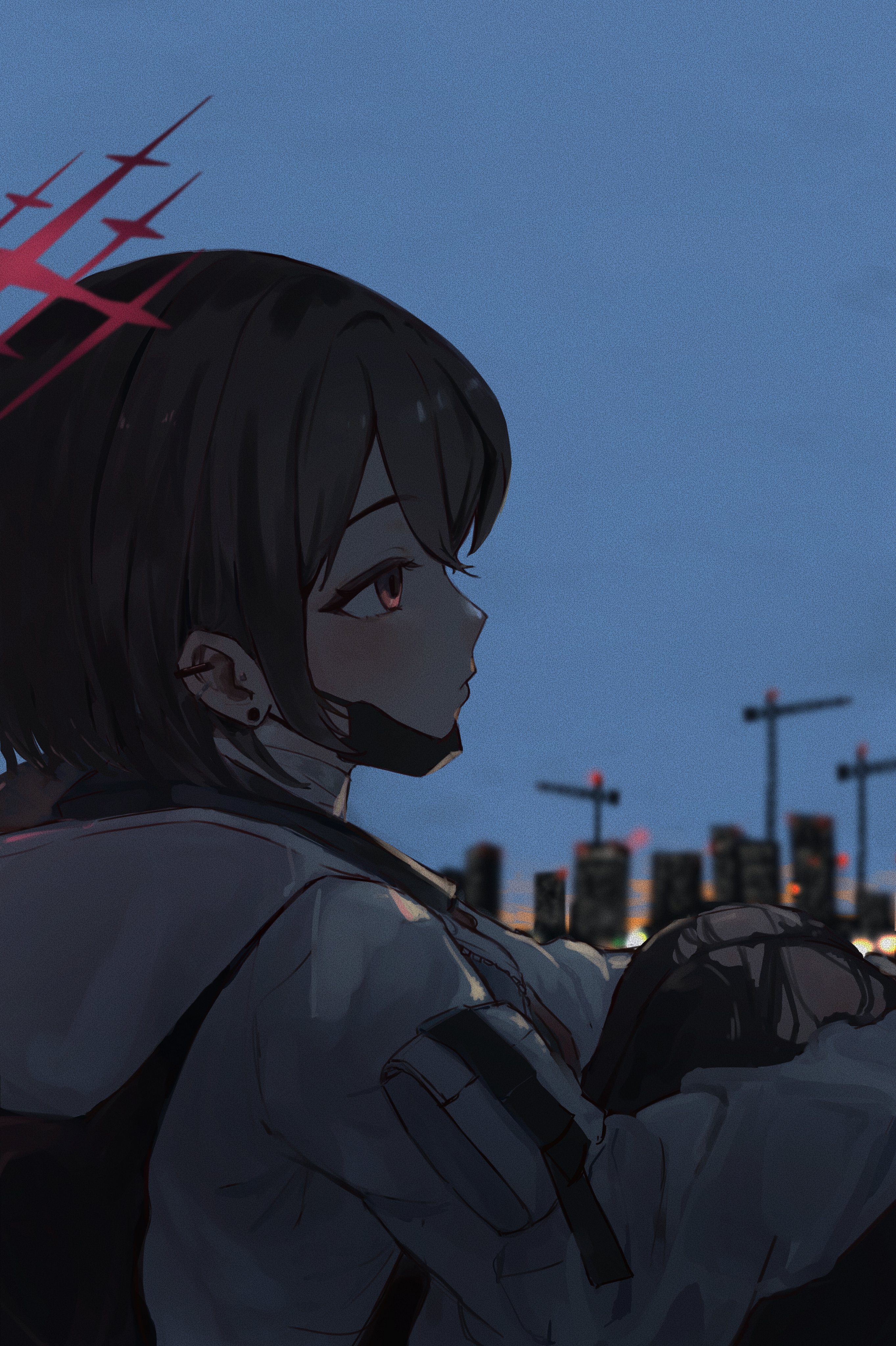 misaki (blue archive), blue archive, absurdres, commentary, highres, 1girl, backpack, bag, bandaged neck, bandages, barbell piercing, black mask, black pants, blue sky, blurry, blurry background, brown hair, building, city lights, closed mouth, crane (machine), dark, depth of field, dusk, ear piercing, film grain, from side, halo, hood, hooded jacket, hugging own legs, industrial piercing, jacket, knees up, ll dal, looking ahead, mask, mask pull, mouth mask, orange sky, pants, piercing, profile, red eyes, red halo, short hair, sitting, sky, skyline, skyscraper, solo, surgical mask, torn clothes, torn pants, white jacket