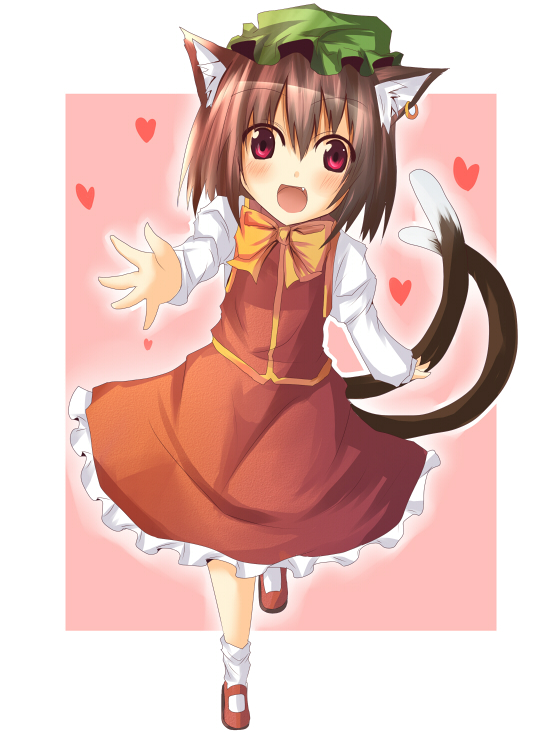 ram hachimin, chen, touhou, 1girl, animal ears, brown hair, cat ears, cat girl, cat tail, child, earrings, female focus, hat, jewelry, multiple tails, red eyes, shoes, short hair, socks, solo, standing, tail