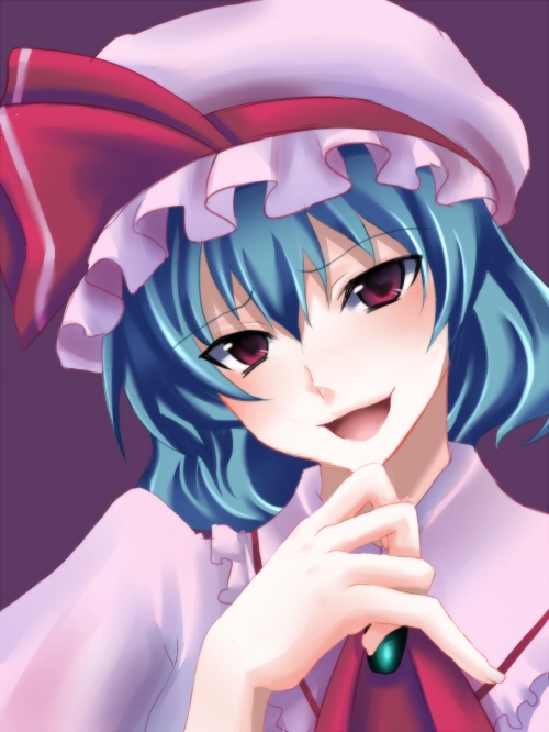 tottoto tomekichi, remilia scarlet, touhou, bad id, bad pixiv id, 1girl, blue hair, female focus, hand on own face, hat, head tilt, kakokou, open mouth, red eyes, short hair, smirk, smug, solo, tsurime