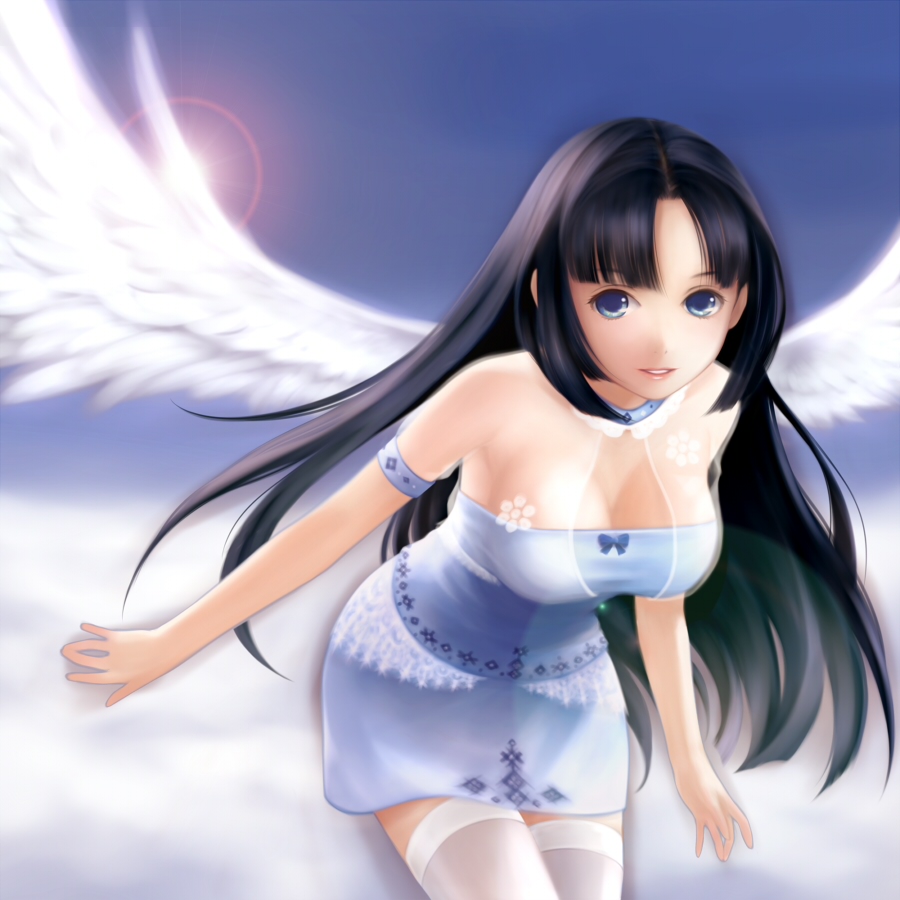 yori, yori (shitsuon), arin (pangya), pangya, 1girl, angel wings, bent over, black hair, blue dress, blue eyes, breasts, cleavage, cloud, dress, facing viewer, feathered wings, female focus, flying, large breasts, lens flare, long hair, looking at viewer, outdoors, parted lips, sky, smile, solo, thighhighs, very long hair, white thighhighs, wings