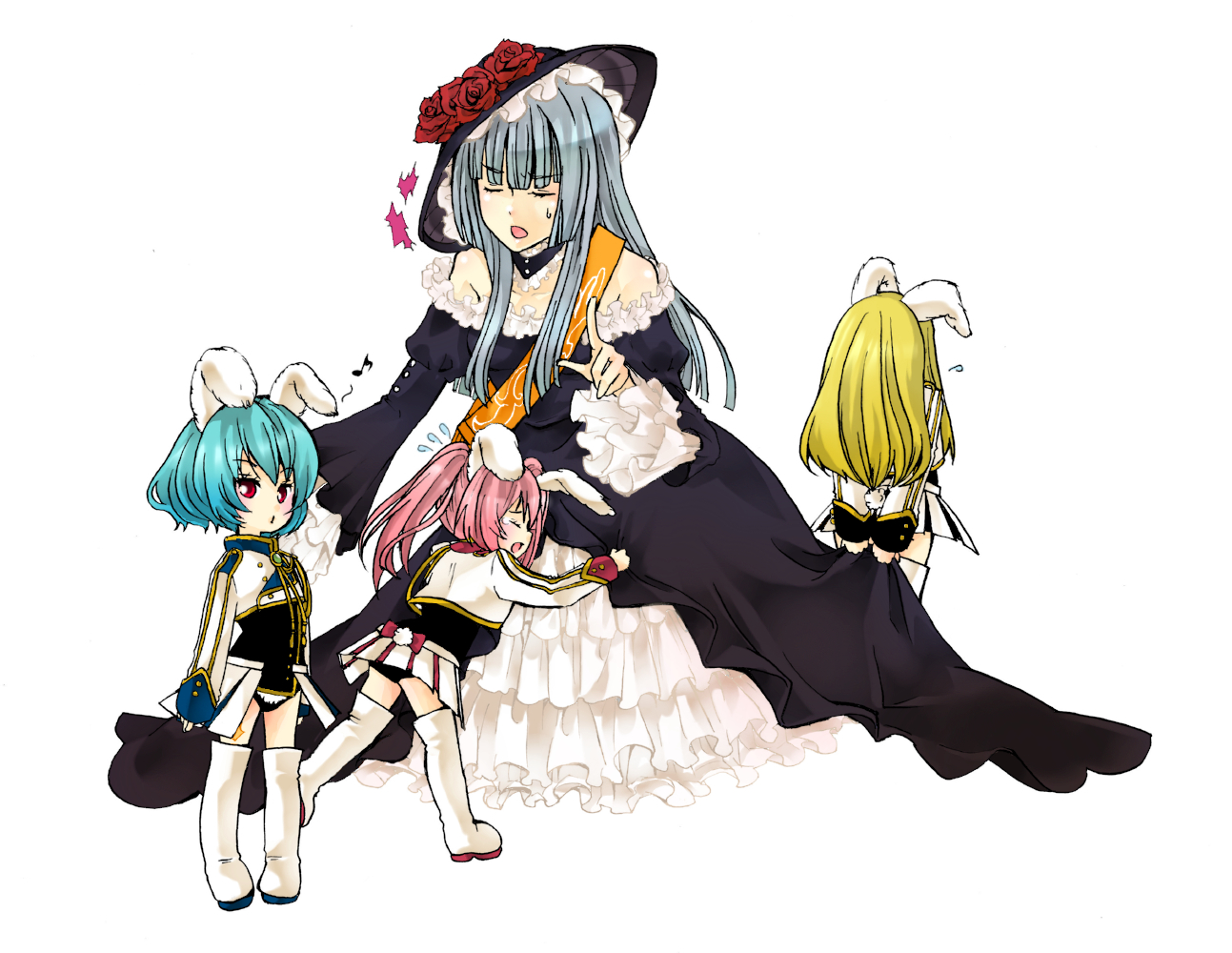 ambrosia, tenni noboru, chiester00, chiester410, chiester45, chiester sisters, virgilia (umineko), 07th expansion, no naku koro ni (series), umineko no naku koro ni, silver hair, uniform, bad id, bad pixiv id, 4girls, animal ears, blonde hair, blue hair, boots, child, choker, closed eyes, clothes grab, dress, flower, hat, hime cut, long hair, multiple girls, pink hair, rabbit ears, red eyes, rose, short hair, showgirl skirt, skirt grab, sweatdrop, tears, thigh boots, thighhighs, twintails