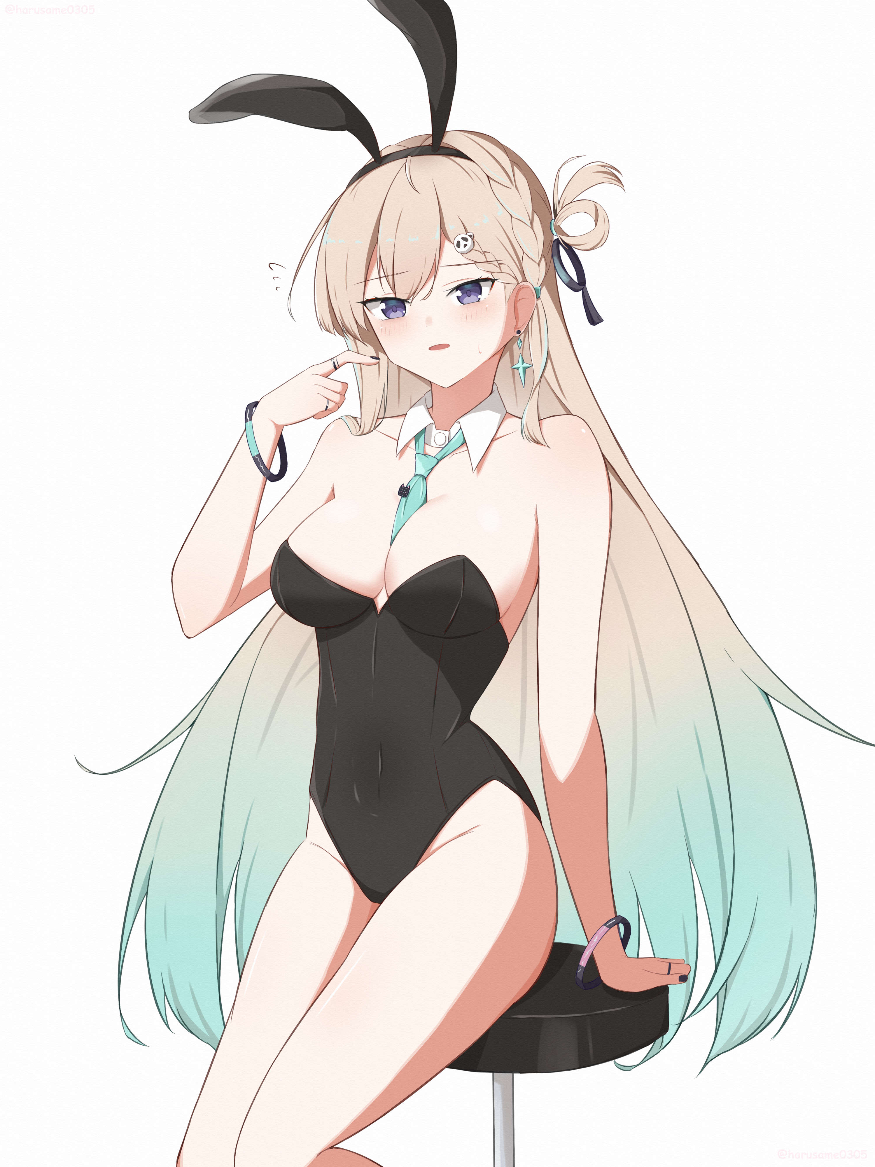 harusame0305, lynae (wuthering waves), wuthering waves, absurdres, commentary request, highres, 1girl, animal ears, aqua necktie, black leotard, black nails, blonde hair, blush, braid, braided bangs, earrings, fake animal ears, hair between eyes, hair ornament, jewelry, leotard, multicolored hair, necktie, playboy bunny, rabbit ears, skull hair ornament, star (symbol), star earrings, strapless, strapless leotard