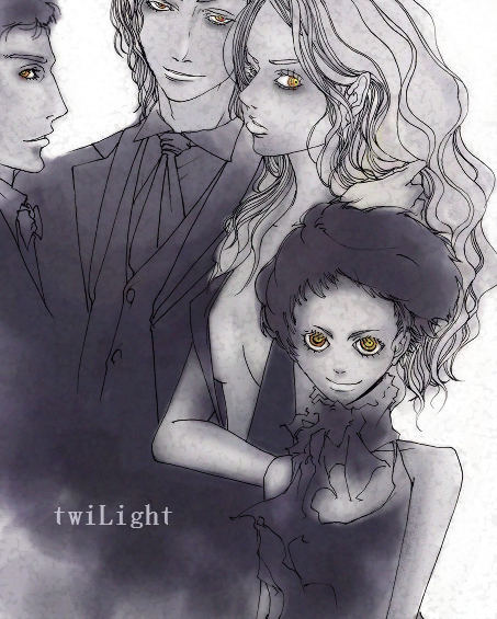 alice cullen, emmet cullen, jasper cullen, rosalie cullen, the twilight saga, black hair, dress, formal clothes, long hair, monochrome, necktie, short hair, smile, suit, wavy hair, yellow eyes