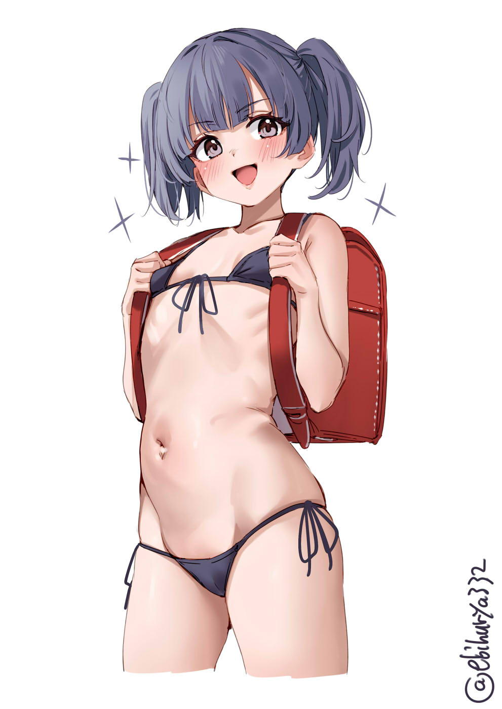 ebifurya, ooshio (kancolle), kantai collection, commentary request, highres, 1girl, backpack, bag, bikini, black bikini, blush, breasts, brown eyes, collarbone, cowboy shot, front-tie bikini top, front-tie top, grey hair, hair between eyes, hair ribbon, looking at viewer, navel, one-hour drawing challenge, open mouth, randoseru, ribbon, short twintails, side-tie bikini bottom, smile, solo, string bikini, swimsuit, twintails, twitter username, white background