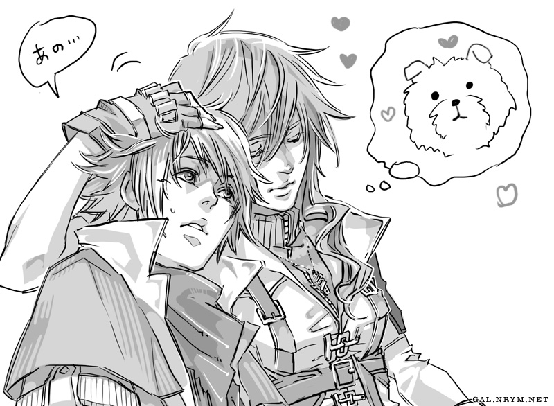 narayamanta, hope estheim, lightning farron, final fantasy, final fantasy xiii, bad id, bad pixiv id, 10s, 1boy, 1girl, couple, fingerless gloves, gloves, greyscale, hetero, monochrome, short hair