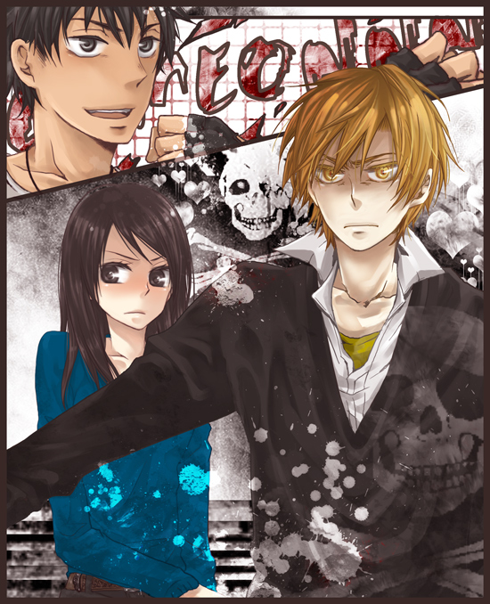 bella swan, edward cullen, the twilight saga, angry, blonde hair, brown eyes, brown hair, choker, fingerless gloves, gloves, long hair, skull, smile, sweater, yellow eyes