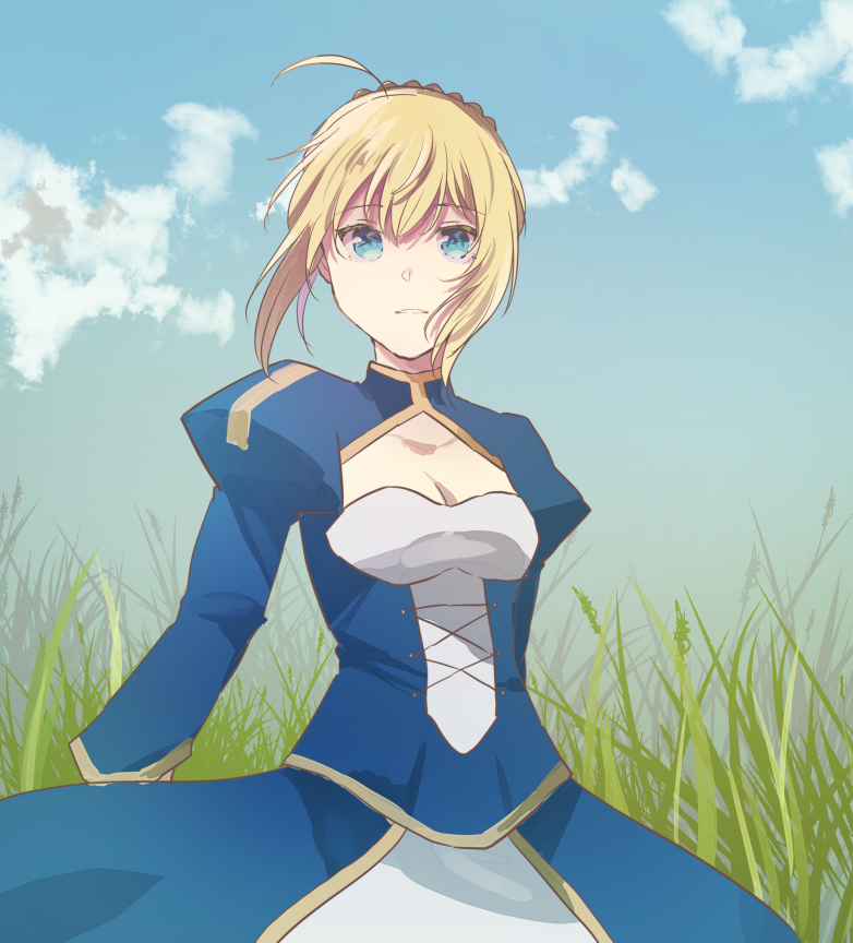 haniwa yyi, artoria pendragon (fate), saber (fate), fate/stay night, fate (series), commentary request, 1girl, ahoge, blonde hair, blue dress, blue eyes, blue sky, braid, breasts, cleavage, cleavage cutout, clothing cutout, cloud, dress, grass, juliet sleeves, long dress, long sleeves, puffy sleeves, sidelocks, sky, small breasts, solo, tall grass