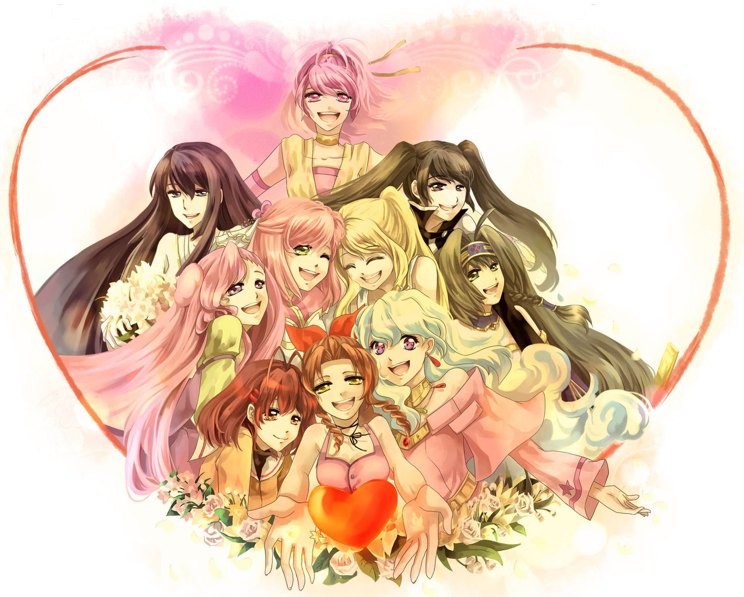 cat princess, aerith gainsborough, estellise sidos heurassein, euphemia li britannia, furukawa nagisa, lenalee lee, marina ismail, nia teppelin, winry rockbell, clannad, code geass, d.gray-man, final fantasy, final fantasy vii, fullmetal alchemist, gundam, gundam 00, tales of (series), tales of vesperia, tengen toppa gurren lagann, character request, highres, + +, 00s, 1990s (style), 6+girls, closed eyes, cross-shaped pupils, crossover, flower, heart, multiple crossover, multiple girls, one eye closed, open mouth, retro artstyle, smile, symbol-shaped pupils, wink