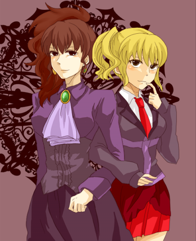 karituki, ushiromiya jessica, ushiromiya natsuhi, umineko no naku koro ni, lowres, age difference, blonde hair, brown hair, dress, mother and daughter, necktie, ponytail, skirt
