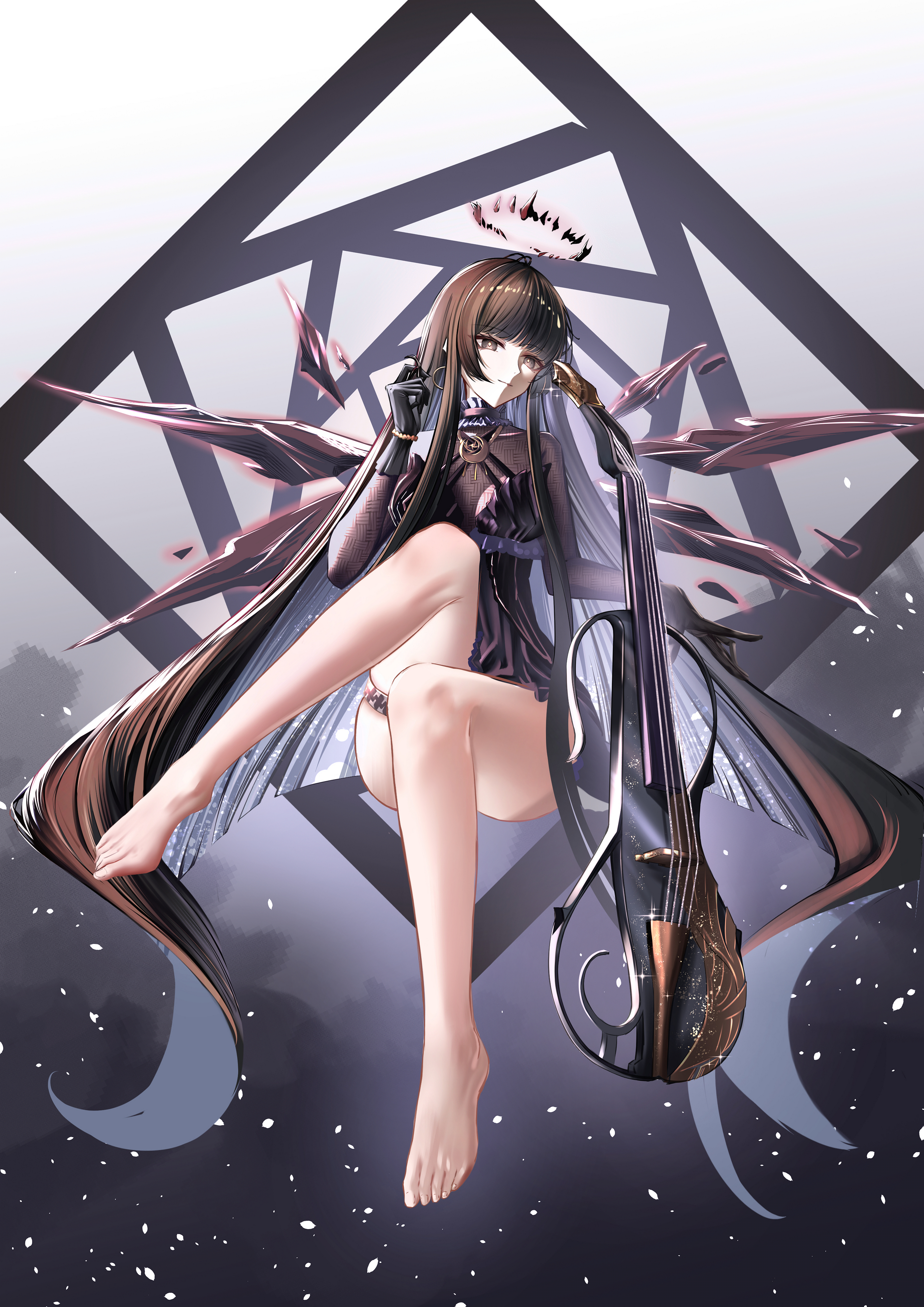 virtuosa (arknights), arknights, absurdres, chinese commentary, commentary request, highres, 1girl, bare legs, barefoot, black dress, black gloves, black hair, black wings, blunt bangs, breasts, brown eyes, brown hair, crossed legs, dress, feet, full body, gloves, halo, instrument, legs, long hair, looking at viewer, mu aii, official alternate costume, sitting, solo, toes, very long hair, violin, wings