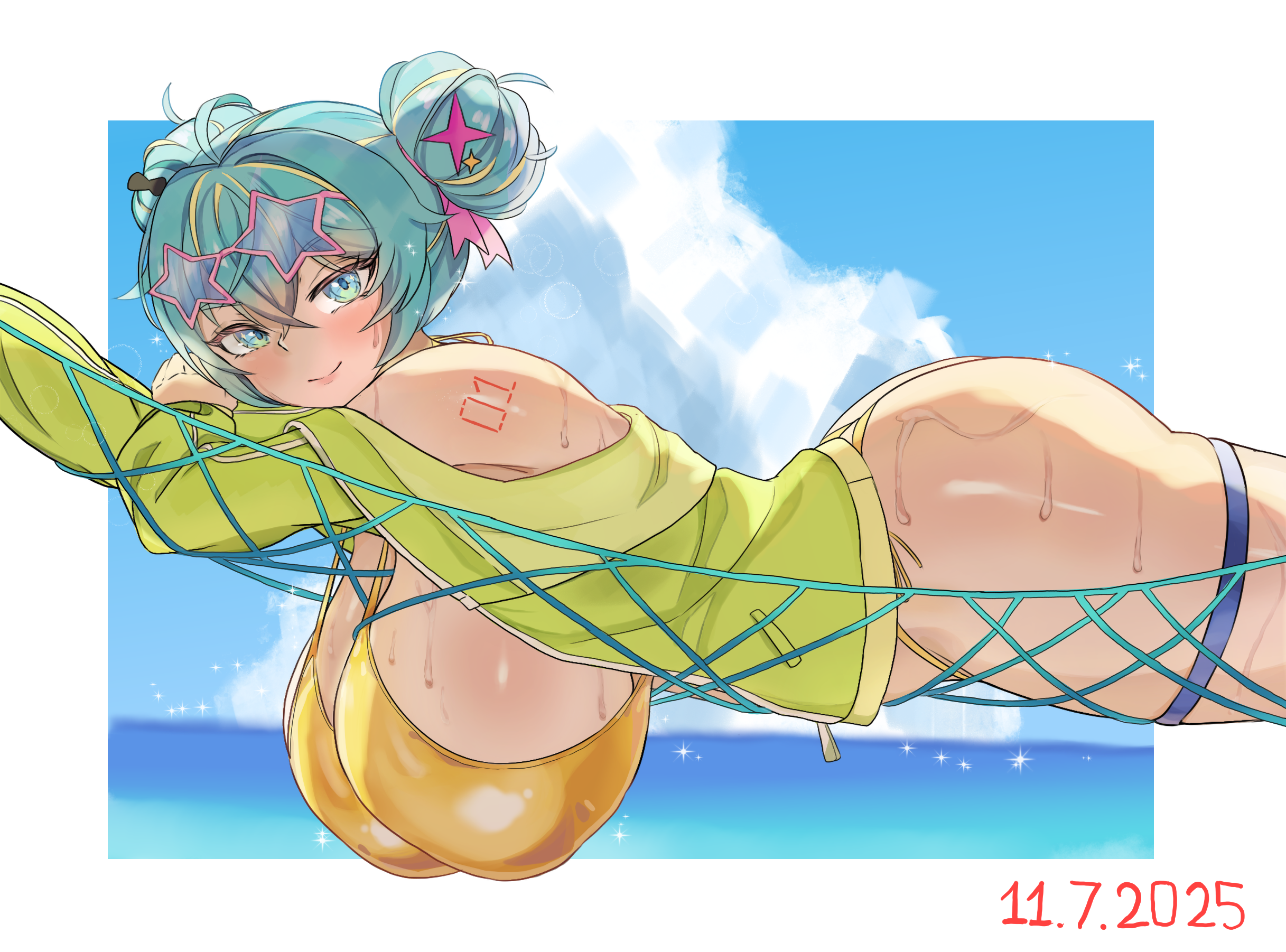 hasagi giorno, hatsune miku, vocaloid, commentary, english commentary, highres, 1girl, ahoge, alternate breast size (larger), aqua eyes, aqua hair, ass, bikini, blonde streaks, blush, bow, breasts, cloud, crossed bangs, dated, day, double bun, eyewear on head, from side, gold bikini, golden week, green jacket, hair bow, hair bun, hair ornament, hammock, hanging breasts, highleg, highleg bikini, huge breasts, jacket, long sleeves, looking at viewer, lying, multicolored hair, number tattoo, ocean, off shoulder, on stomach, open clothes, open jacket, shoulder tattoo, side-tie bikini bottom, smile, solo, star-shaped eyewear, star (symbol), star hair ornament, streaked hair, sunglasses, sweat, swimsuit, tattoo, thigh strap, wet, zipper pull tab