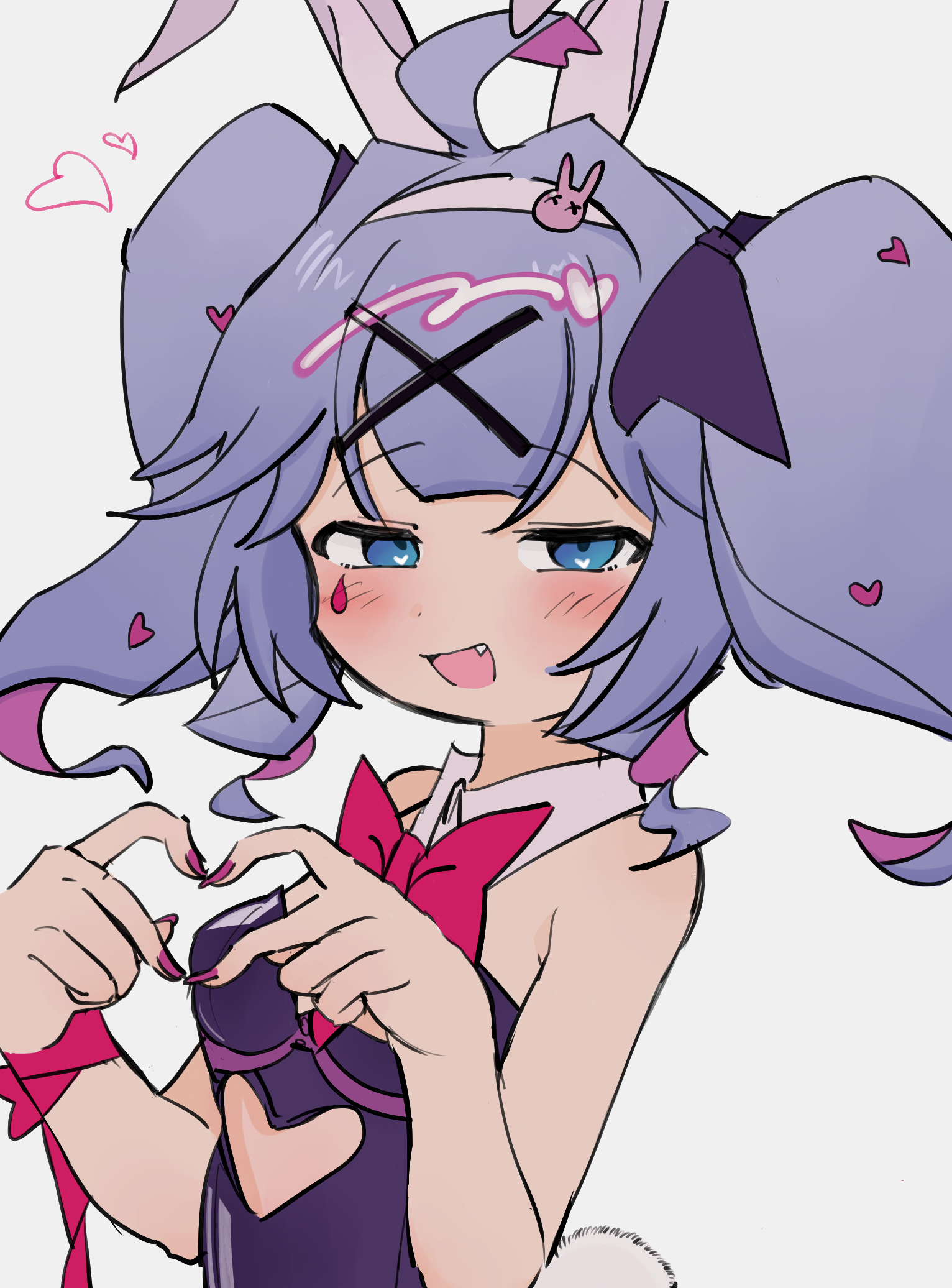 hatsune miku, rabbit hole (vocaloid), vocaloid, commentary request, highres, 1girl, ahoge, animal ears, armpit crease, black leotard, black ribbon, blue eyes, blue hair, blush, bow, bowtie, breasts, clothing cutout, cutout above navel, deformed, detached collar, dora-2000, facial mark, fake animal ears, fake tail, fang, hair ornament, hair ribbon, heart, heart cutout, heart hands, leotard, medium hair, open mouth, pink nails, playboy bunny, rabbit, rabbit ears, rabbit tail, red bow, red ribbon, ribbon, simple background, small breasts, solo, strapless, strapless leotard, tail, teardrop facial mark, twintails, white background, white wrist cuffs, wrist cuffs, x hair ornament