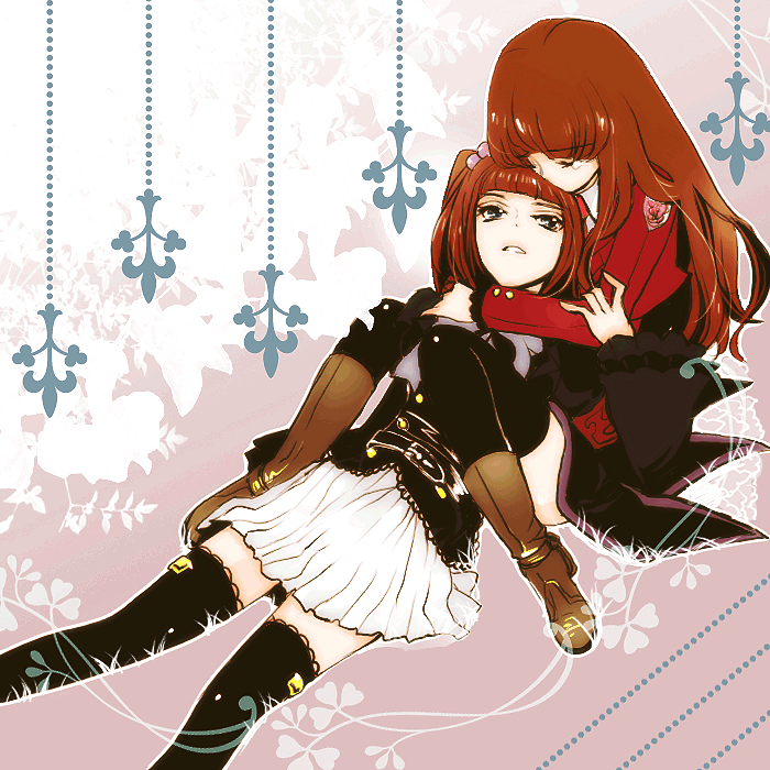 mammon (umineko), stakes of purgatory, ushiromiya ange, umineko no naku koro ni, 2girls, brown hair, holding, hug, long hair, multiple girls, open mouth, red hair, skirt, tears, thighhighs, twintails