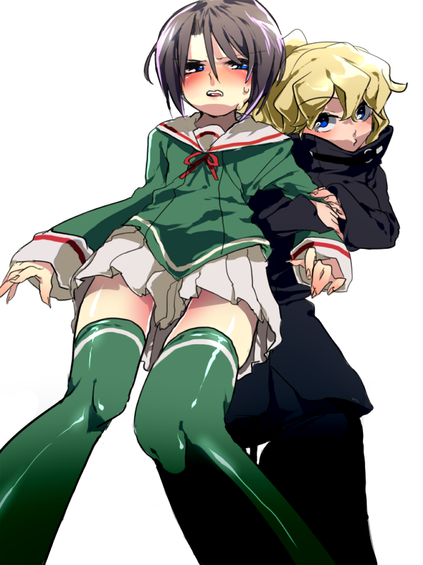 kanon (umineko), ushiromiya jessica, umineko no naku koro ni, angry, black hair, blonde hair, blue eyes, blush, coat, crossdressing, school uniform, skirt, thighhighs, trap