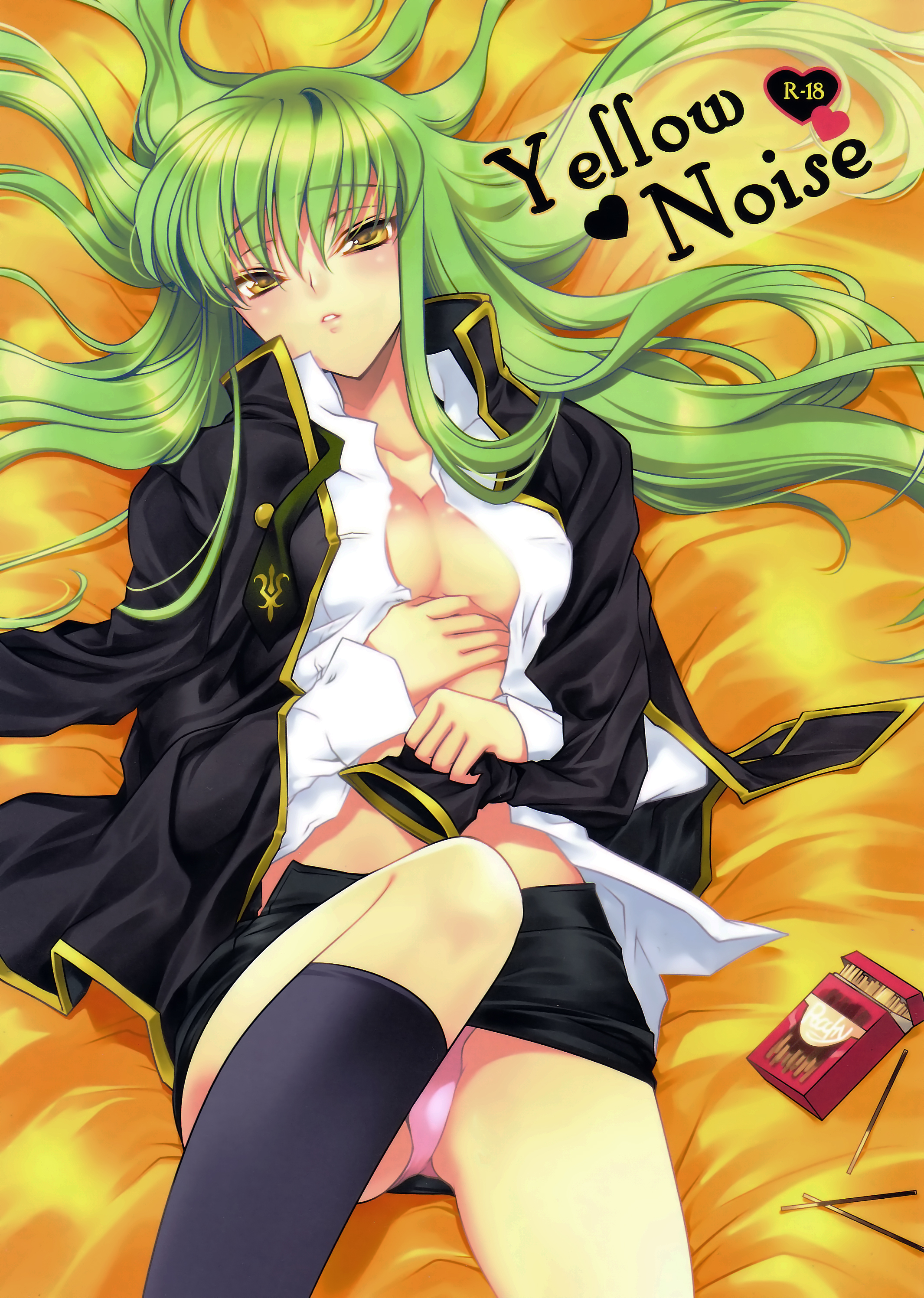 creayus, c.c., code geass, absurdres, highres, 1girl, black socks, breasts, cleavage, female focus, food, green hair, long hair, lying, medium breasts, open clothes, open shirt, panties, pocky, shirt, socks, solo, underwear, upskirt, yellow eyes
