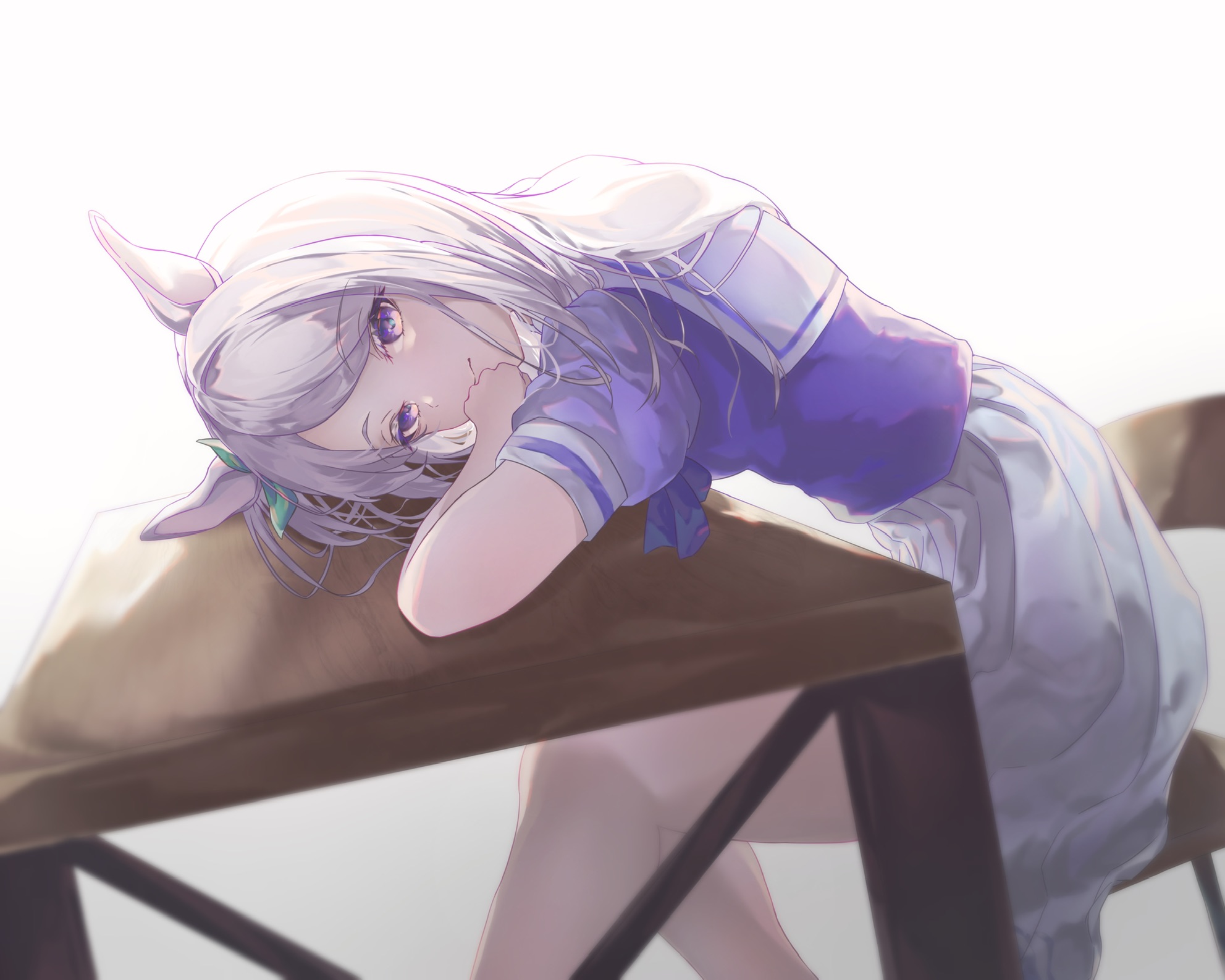 nyampasu3939, mejiro mcqueen (umamusume), umamusume, commentary, highres, 1girl, animal ears, bent over, blush, closed mouth, from side, horse ears, horse girl, purple eyes, purple hair, purple shirt, sailor collar, school uniform, shirt, short sleeves, skirt, solo, tracen school uniform, white sailor collar, white skirt