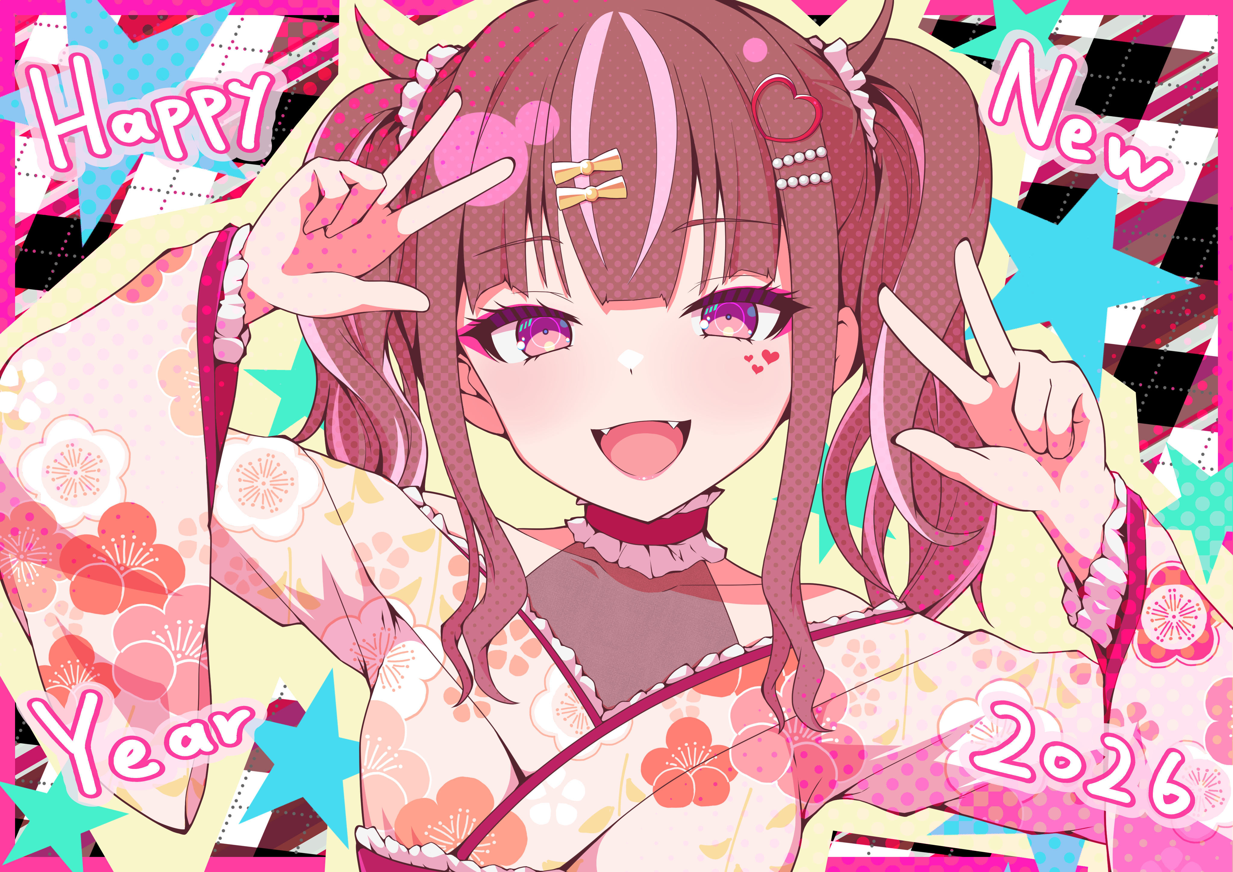 koumei (twinameless), original, absurdres, commentary request, highres, 1girl, 2026, :d, arm up, border, brown hair, double w, facial mark, fangs, floral print, hand up, happy new year, heart, japanese clothes, kimono, multicolored hair, nengajou, new year, obi, open mouth, pink border, pink hair, pink kimono, plaid background, print kimono, purple eyes, sash, smile, solo, star (symbol), streaked hair, twintails, upper body, w