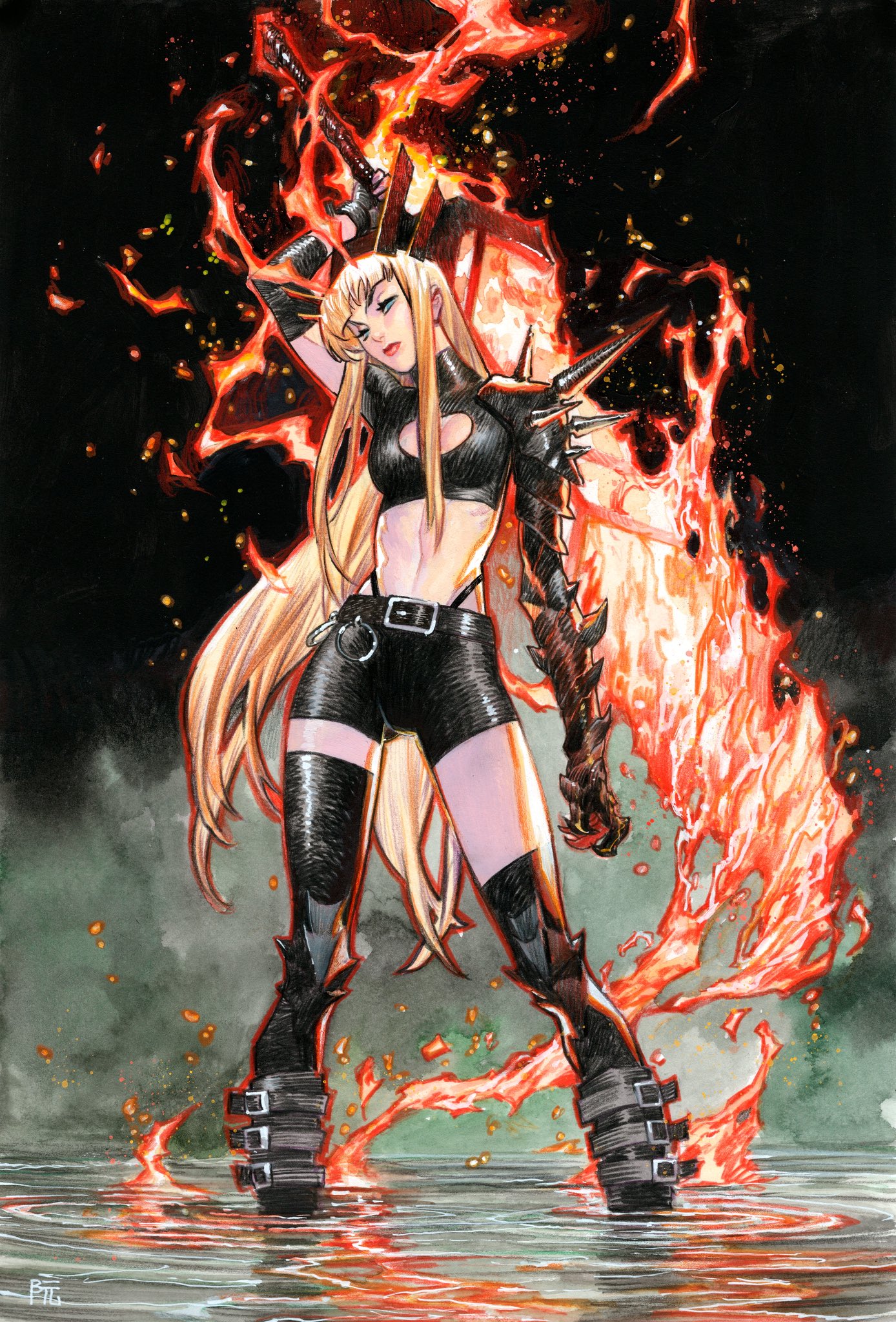 dike ruan, magik (x-men), marvel, new mutants, x-men, hashtag-only commentary, highres, 1girl, belt, black belt, black shorts, blonde hair, blue eyes, breasts, fire, flaming sword, flaming weapon, full body, holding, holding sword, holding weapon, long hair, looking at viewer, medium breasts, shorts, sidelocks, solo, sword, weapon