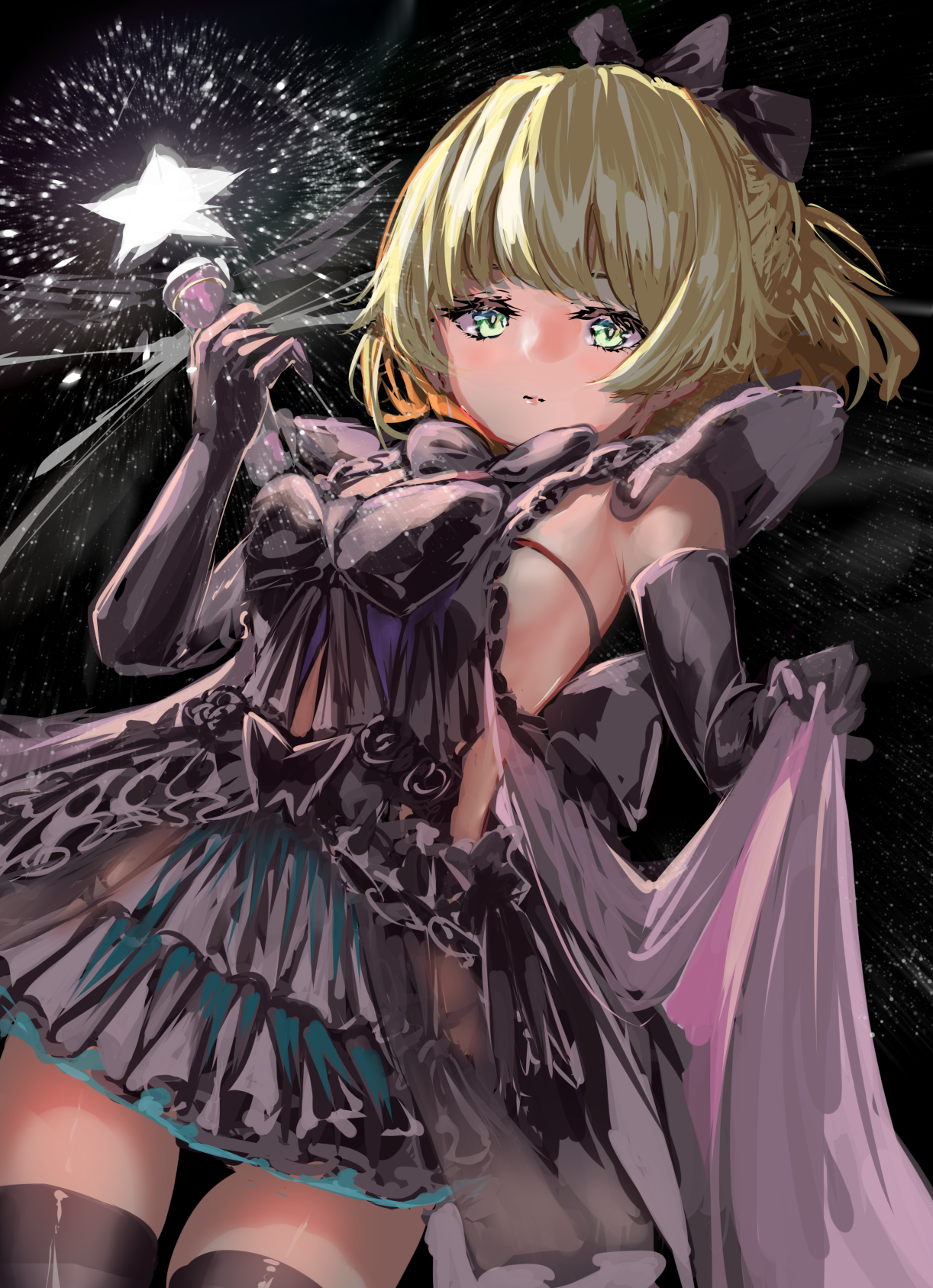 fuuka koji, nanase nanami (heaven burns red), heaven burns red, commentary request, highres, 1girl, blonde hair, clothes lift, green eyes, magical girl, short hair, star (symbol), thighhighs, thighs