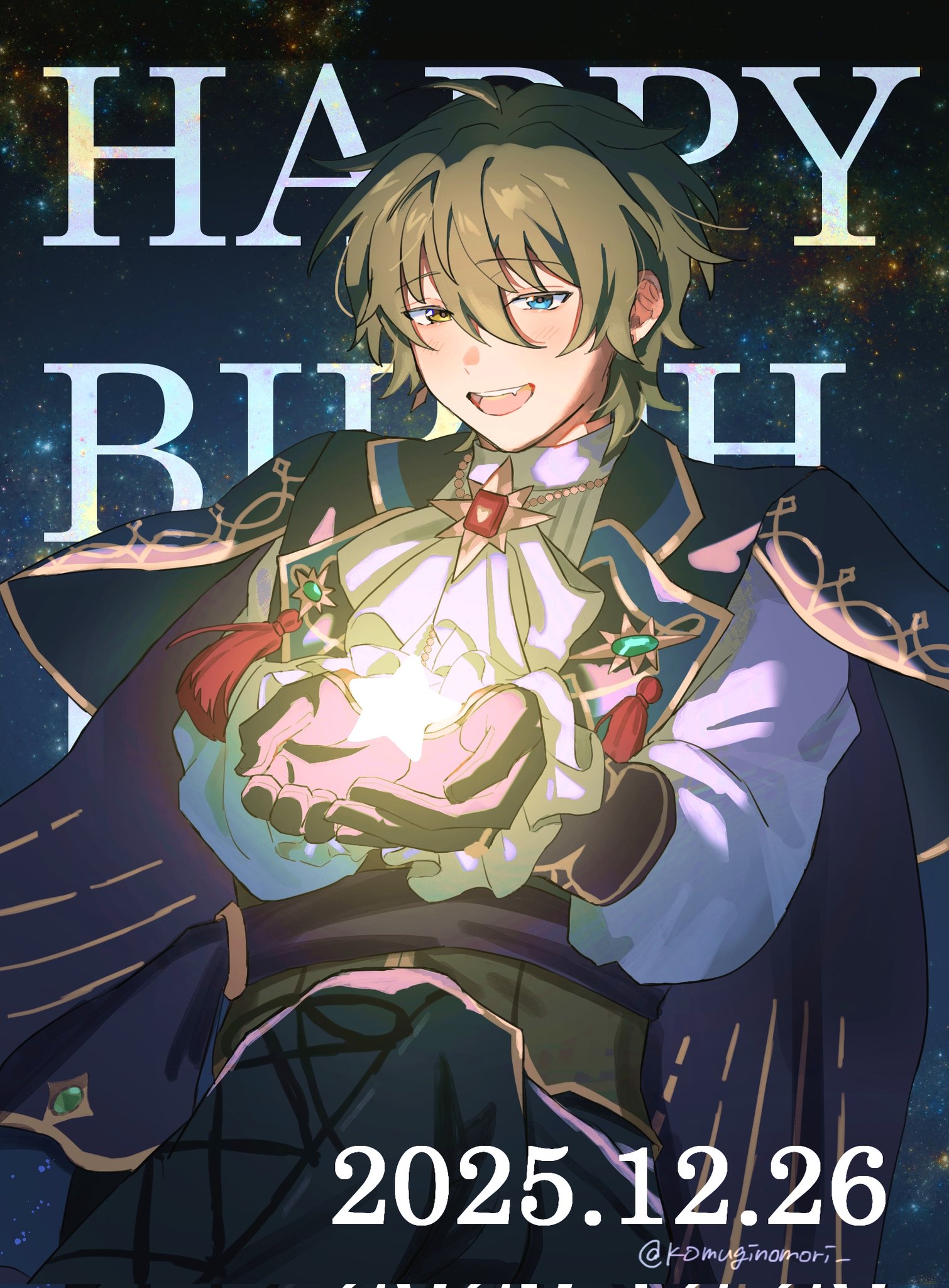 kagehira mika, ensemble stars!, commentary request, highres, 1boy, blue eyes, cape, dated, gem, gloves, hair between eyes, happy birthday, heterochromia, hoshi no meidou (ensemble stars!), long sleeves, male focus, mugicha (komuginomori), official alternate costume, open mouth, outstretched hand, red gemstone, short hair, smile, solo, star (sky), star (symbol), teeth, twitter username, upper teeth only, yellow eyes