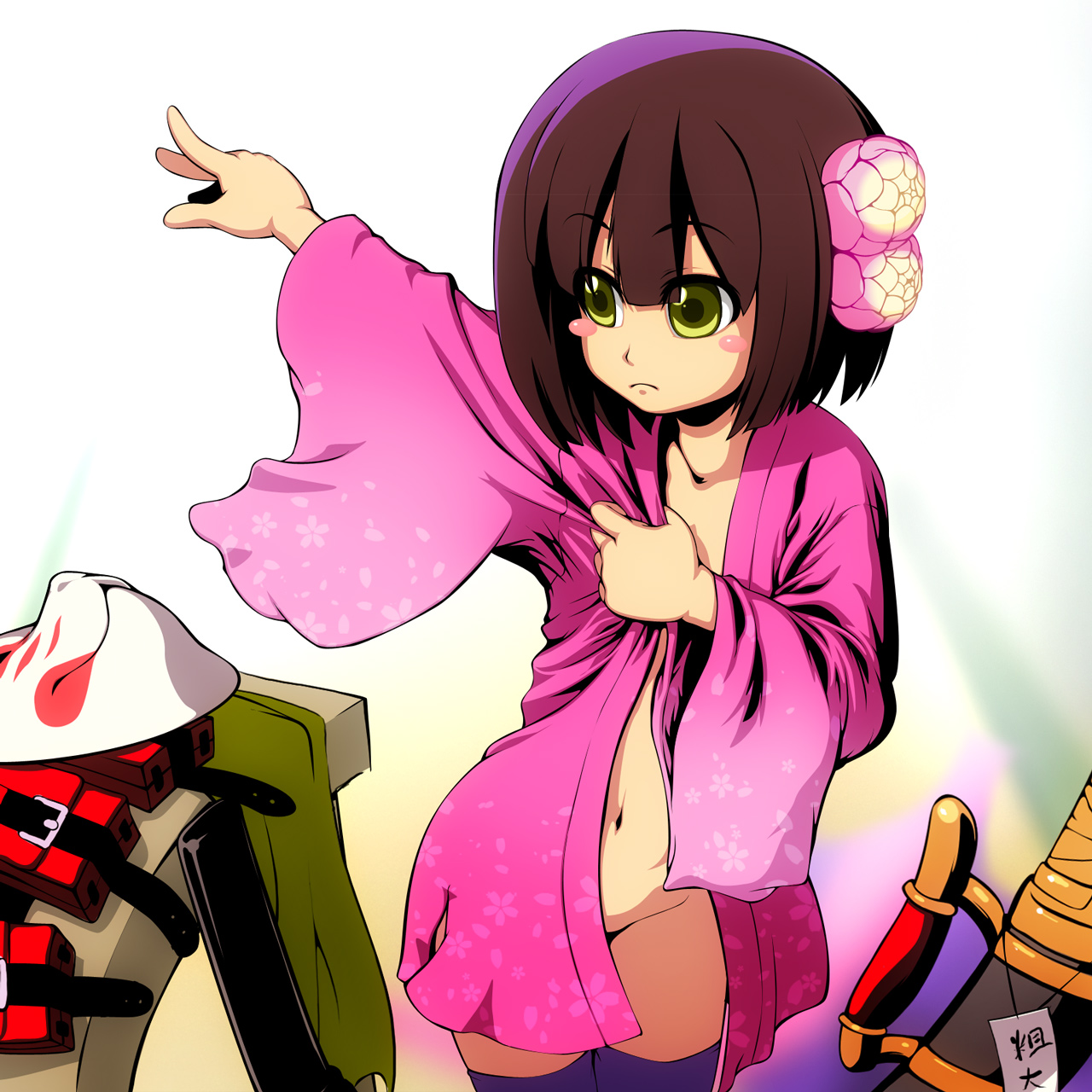 takeda yukimura, shinobi (sekaiju), shinobi 4 (sekaiju), atlus, etrian odyssey, sekaiju no meikyuu, sekaiju no meikyuu 3, bad id, bad pixiv id, highres, 1girl, blush, blush stickers, bottomless, brown hair, dressing, female focus, fox mask, green eyes, groin, hair ornament, japanese clothes, kimono, mask, navel, pink kimono, solo, sword, thighhighs, weapon, yukata