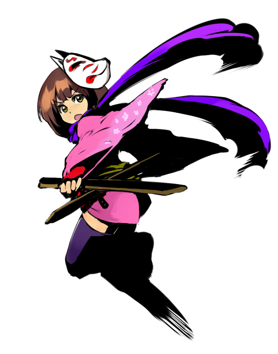 moru (monaka), shinobi (sekaiju), shinobi 4 (sekaiju), atlus, etrian odyssey, sekaiju no meikyuu, sekaiju no meikyuu 3, bad id, bad pixiv id, 1girl, brown hair, female focus, fox mask, japanese clothes, kimono, mask, pink kimono, scarf, solo, sword, thighhighs, weapon, yukata