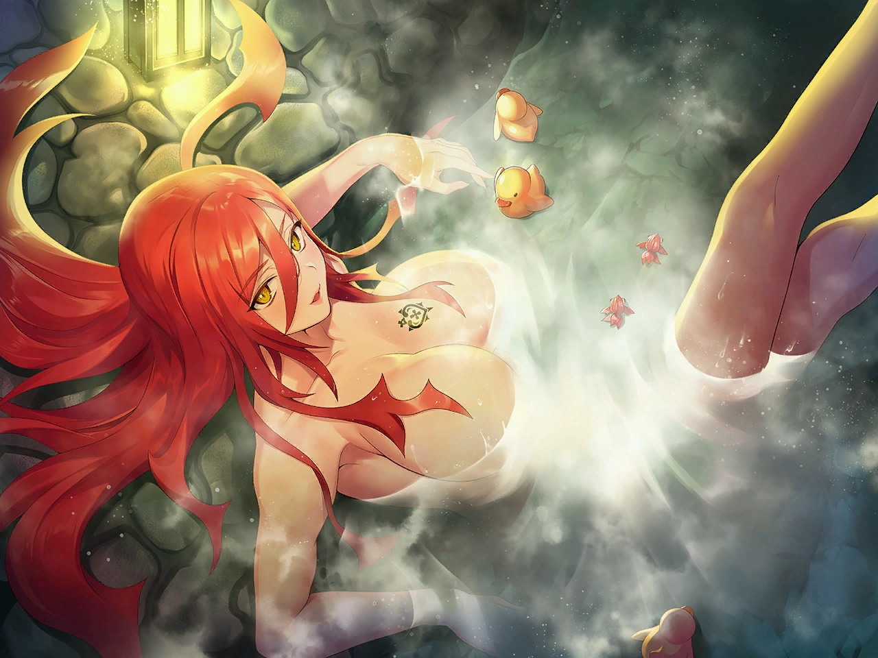 astaroth (taimanin asagi), action taimanin, lilith-soft, taimanin (series), artist request, game cg, highres, official art, 1girl, breast tattoo, breasts, completely nude, huge breasts, impossible clothes, impossible leotard, indoors, leotard, lips, long hair, looking at viewer, nude, onsen, shiny skin, sittting, smile, solo, steam, tattoo, very long hair, water, wet, wet hair, yellow eyes