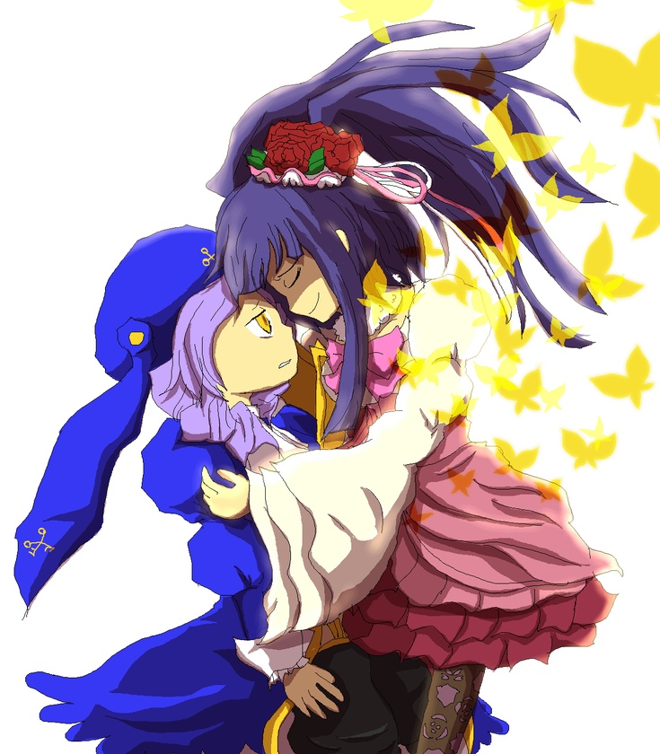 dlanor a. knox, furudo erika, umineko no naku koro ni, blue hair, bow, bug, butterfly, closed eyes, dress, hair ornament, insect, long hair, smile, yellow eyes