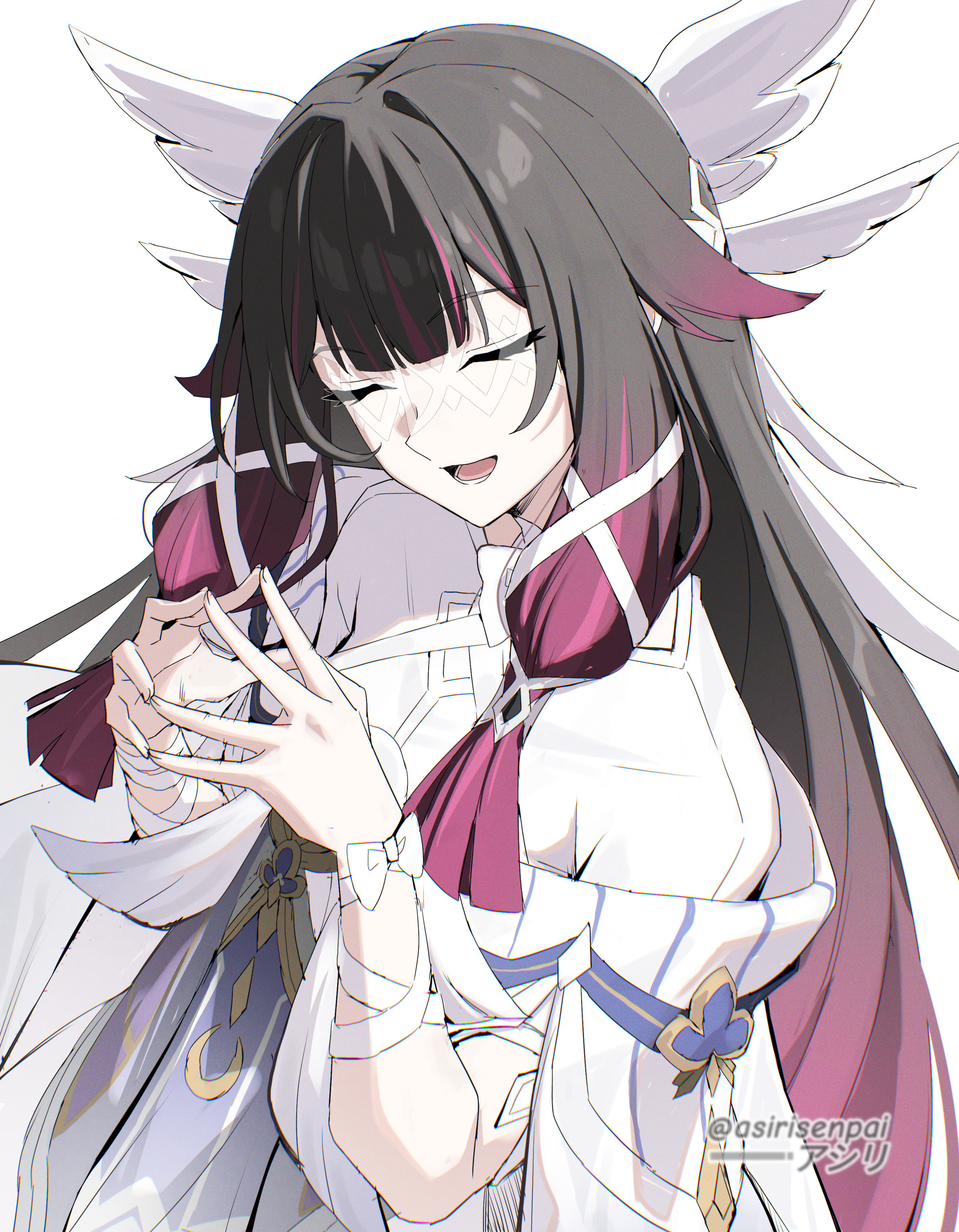 asiri senpai, columbina (genshin impact), genshin impact, absurdres, commentary, highres, 1girl, :d, adapted costume, artist name, black hair, closed eyes, dress, head wings, multicolored hair, open mouth, own hands together, purple hair, ribbon, simple background, smile, solo, steepled fingers, streaked hair, upper body, white background, white dress, white ribbon, wings, wrist ribbon