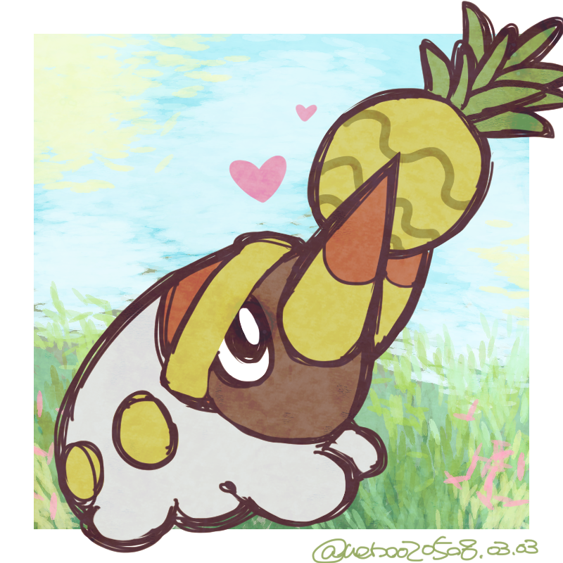 ueno020508, grubbin, nintendo, pokemon, commentary request, animal focus, berry (pokemon), black eyes, blue sky, border, bright pupils, bug, cloud, dated, day, food, fruit, full body, gen 7 pokemon, heart, mandibles, no humans, outdoors, pinap berry, pokemon (creature), pokemon focus, sky, solo, sun, twitter username, white border, white pupils