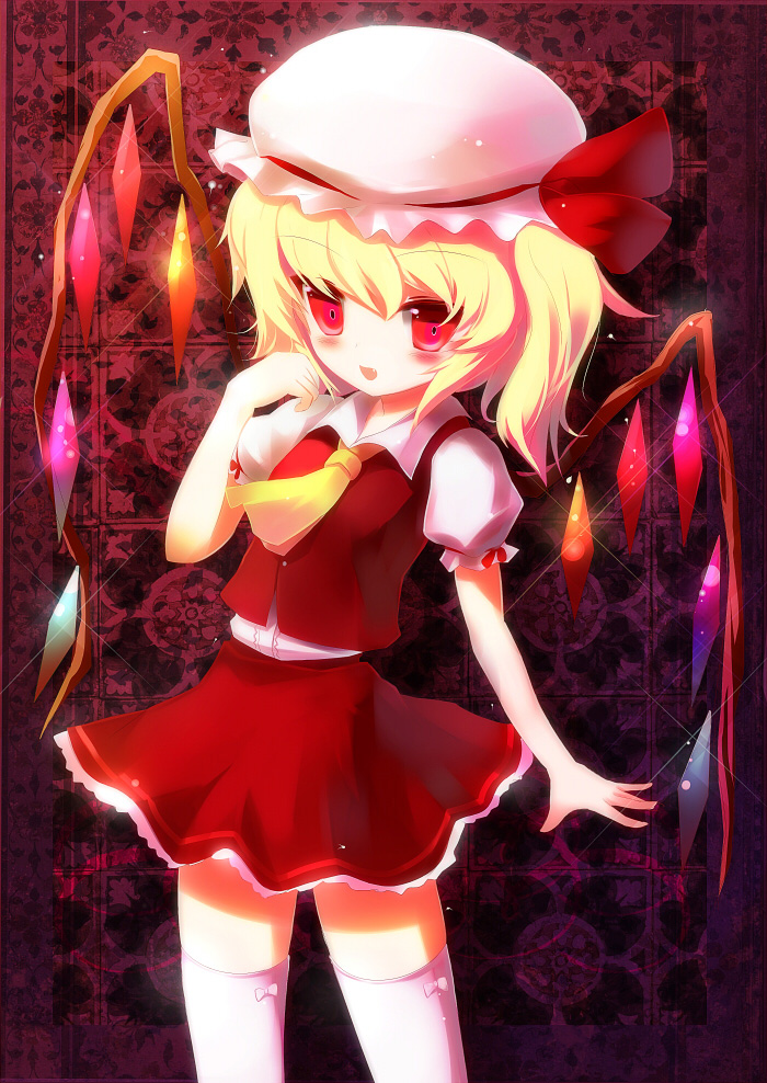taharu kousuke, flandre scarlet, embodiment of scarlet devil, touhou, 1girl, blonde hair, blouse, collared shirt, female focus, hat, mob cap, ponytail, red eyes, shirt, short hair, side ponytail, solo, thighhighs, white hat, white shirt, white thighhighs, wings