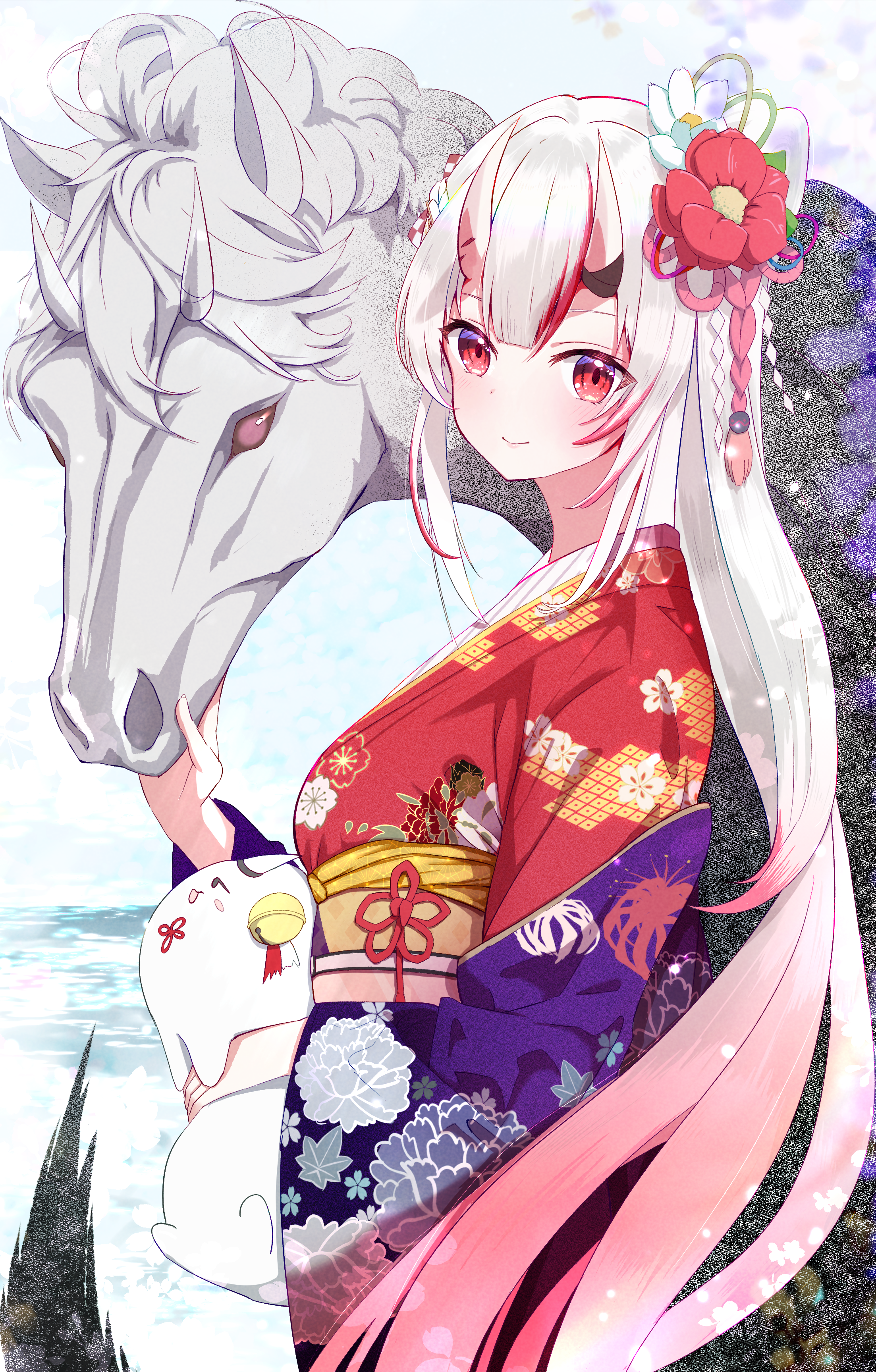 hihi (oekakihix), nakiri ayame, hololive, absurdres, commentary request, highres, 1girl, animal, bell, closed mouth, floral print, flower, from side, grey hair, hair flower, hair ornament, horns, horse, japanese clothes, jingle bell, kimono, long hair, long sleeves, looking at viewer, looking to the side, multicolored hair, obi, oni, red eyes, red flower, red hair, red kimono, sash, smile, solo, streaked hair, very long hair, virtual youtuber, water, white flower, wide sleeves