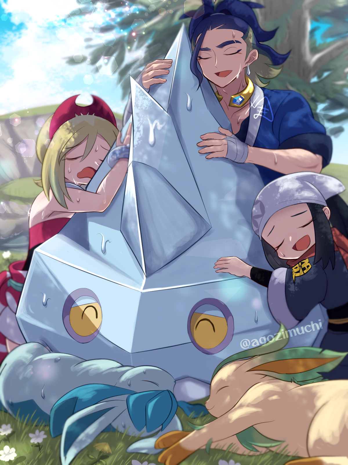 adaman (pokemon), akari (pokemon), bergmite, glaceon, irida (pokemon), leafeon, nintendo, pokemon, pokemon legends: arceus, commentary request, highres, 1boy, 2girls, bandaged hand, bandages, bare shoulders, black hair, blonde hair, blue hair, blue kimono, blue sky, bracelet, chimaki (agozimuchi), closed eyes, cloud, day, eyebrow cut, eyelashes, flower, galaxy expedition team survey corps uniform, gen 4 pokemon, gen 6 pokemon, grass, hairband, headscarf, hot, ice, japanese clothes, jewelry, kimono, long hair, lying, medium hair, multicolored hair, multiple girls, on grass, on side, open mouth, outdoors, pokemon (creature), red hairband, red scarf, scarf, short hair, sidelocks, sky, smile, sweat, tree, twitter username, two-tone hair, white flower, white headscarf