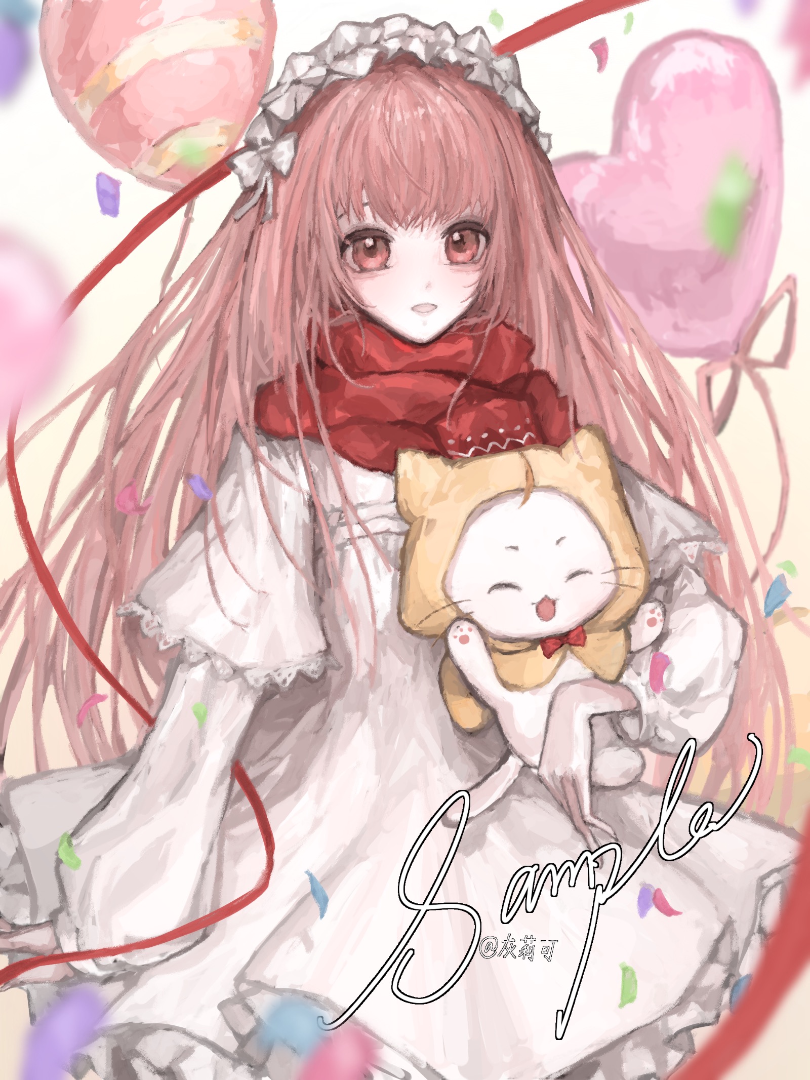 momo (nikki), nikki (nikki), nikki (series), chinese commentary, commentary request, commission, highres, 1girl, ^ ^, ahoge, animal, artist name, balloon, bow, bowtie, brown eyes, cat, cloak, closed eyes, clothed animal, confetti, cowboy shot, dot nose, dress, ear covers, frilled dress, frilled hairband, frills, gradient background, hair bow, hairband, heart balloon, holding, holding animal, holding cat, hood, hood up, hooded cloak, lace-trimmed sleeves, lace trim, layered sleeves, light blush, long hair, long sidelocks, long sleeves, looking at viewer, loose hair strand, open mouth, pink hair, pleated dress, puffy long sleeves, puffy sleeves, red bow, red bowtie, red ribbon, red scarf, ribbon, sample watermark, scarf, short dress, short over long sleeves, short sleeves, shuimitaodamaichang, sidelocks, sleeves past wrists, smile, standing, straight hair, traditional bowtie, very long hair, watermark, whiskers, white bow, white cat, white dress, white hairband, yellow background, yellow cloak