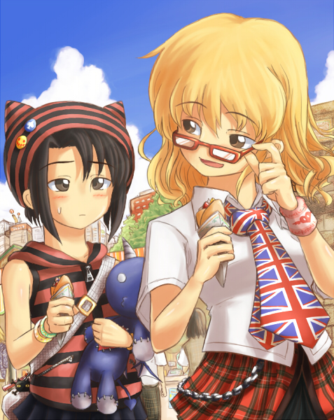 kanon (umineko), ushiromiya jessica, umineko no naku koro ni, alternate hairstyle, bag, black hair, blonde hair, glasses, necktie, shirt, skirt, smile, stuffed animal, stuffed toy, taco, wristband