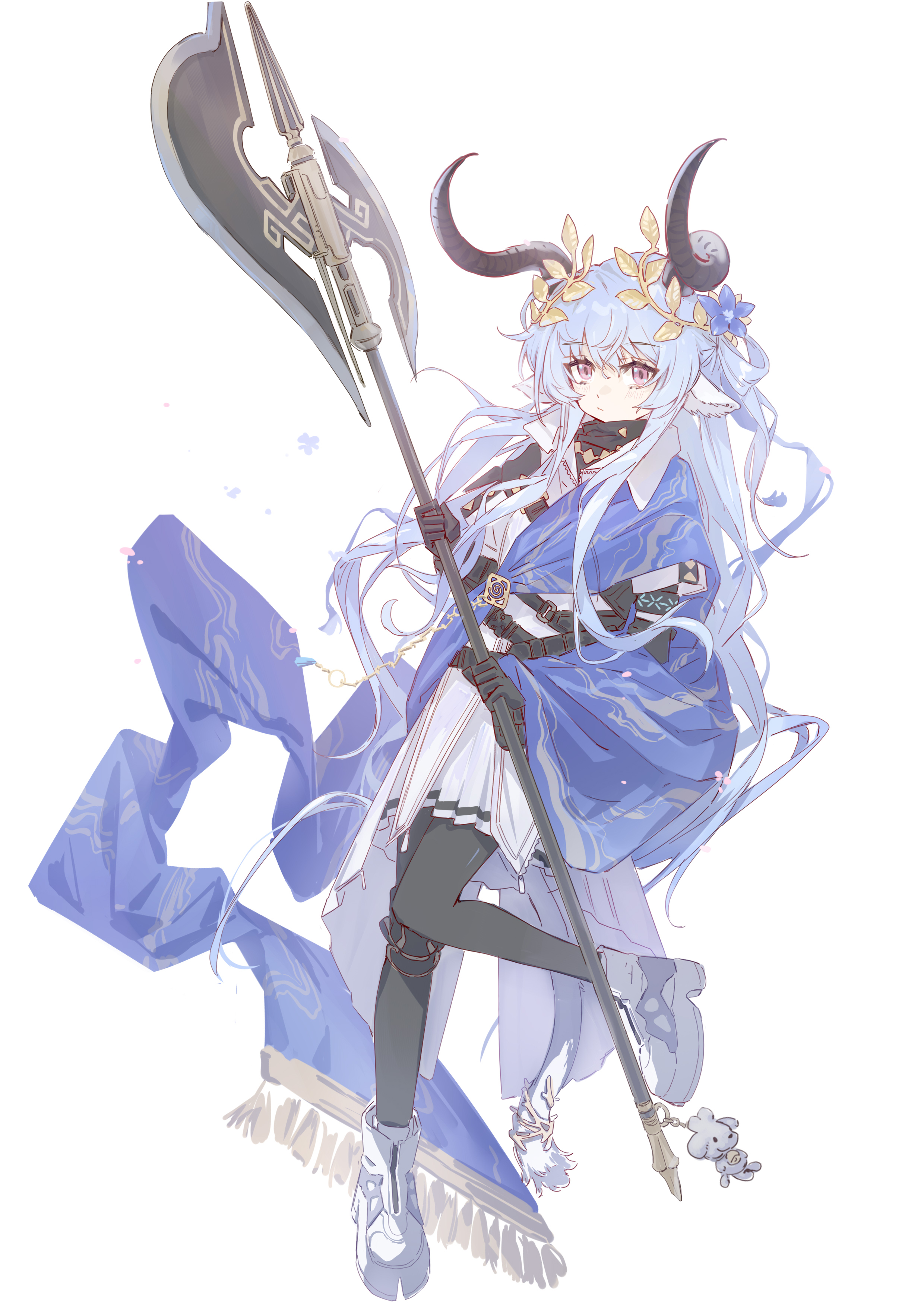 sao7, arknights, absurdres, character request, chinese commentary, commentary request, highres, 1girl, animal ears, axe, black gloves, black pantyhose, blue hair, blue shawl, cow horns, dress, frown, gloves, holding, holding axe, horns, laurel crown, long hair, looking at viewer, pantyhose, pink eyes, shawl, shoes, simple background, sky, solo, standing, standing on one leg, very long hair, wavy hair, white background, white dress, white shoes