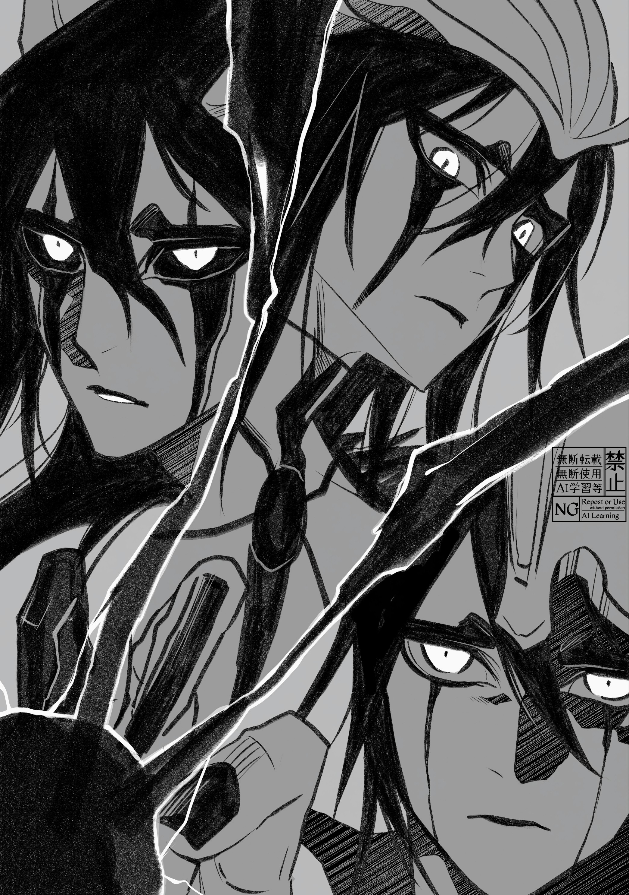 ulquiorra cifer, bleach, absurdres, commentary request, highres, 1boy, arrancar, broken helmet, colored sclera, demon horns, energy ball, facial mark, hair between eyes, helmet, hole in chest, hole on body, horns, looking at viewer, monochrome, multiple forms, multiple persona, nail polish, parted lips, resurreccion, slit pupils, user ydaz7727